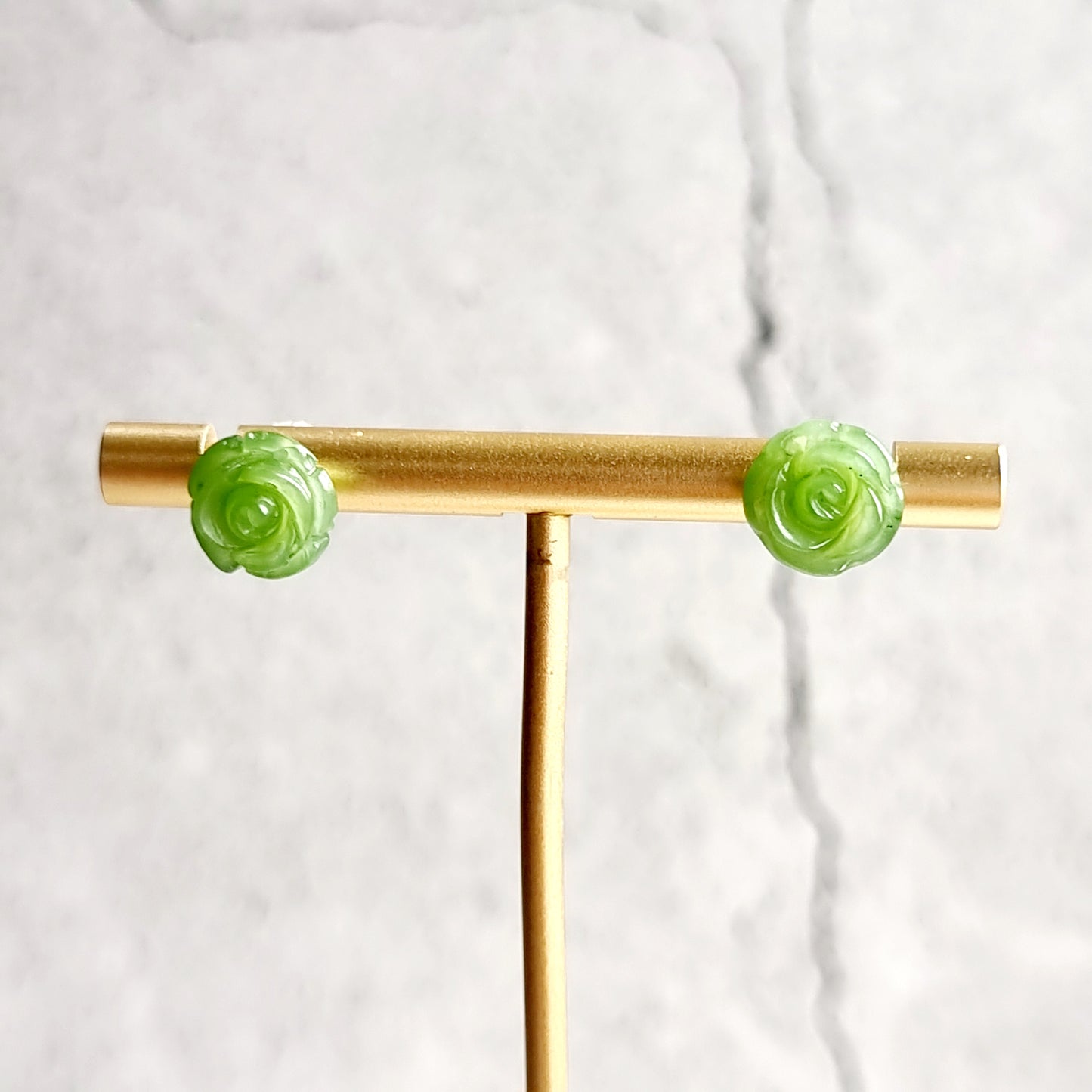 Natural Heitian Jade Carved Rose with 14k stud