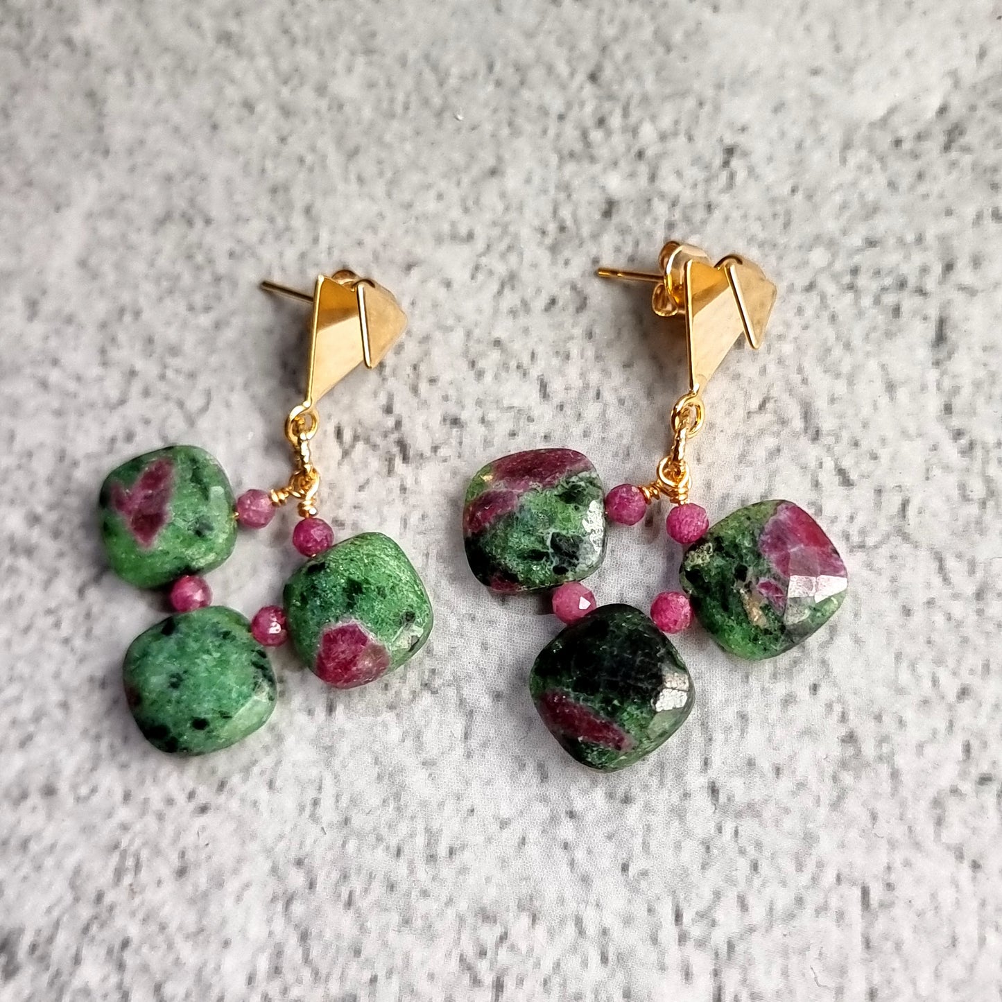 Ruby Zoisite cushions with Triangle Stud Gemstone Earrings