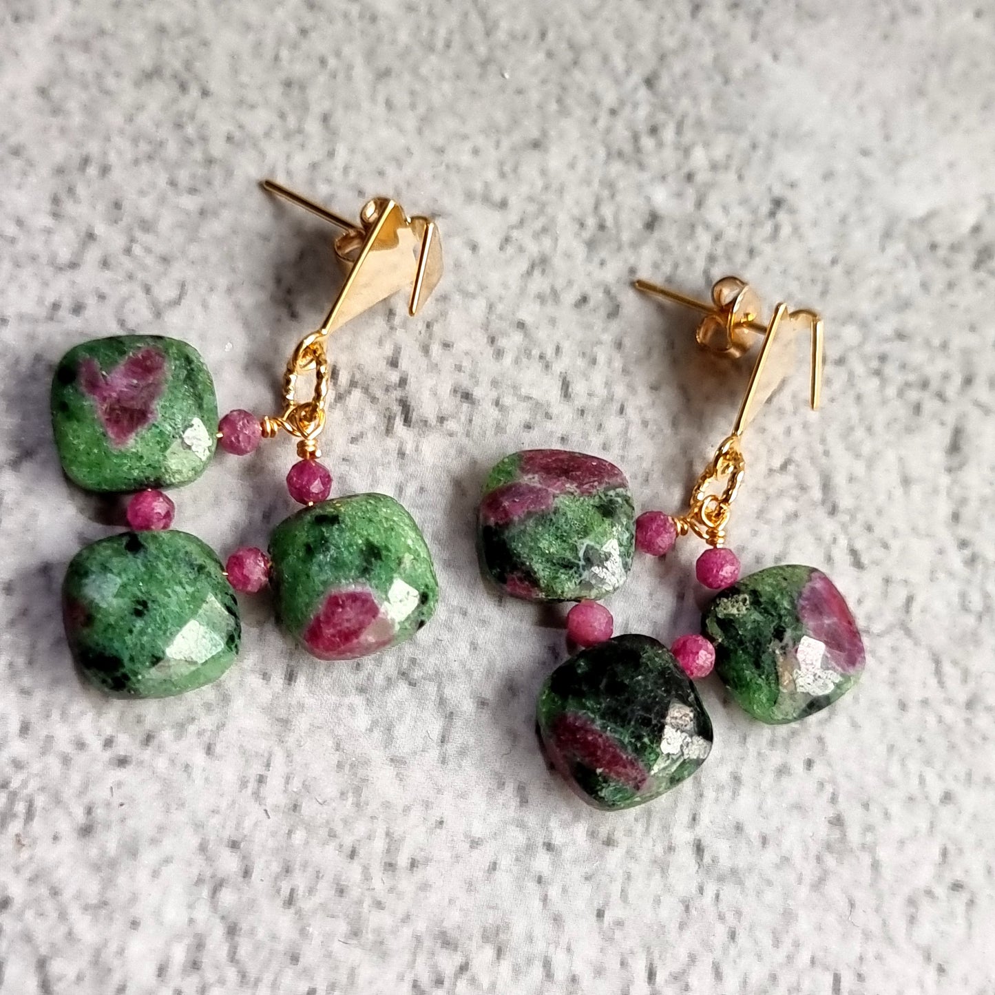 Ruby Zoisite cushions with Triangle Stud Gemstone Earrings