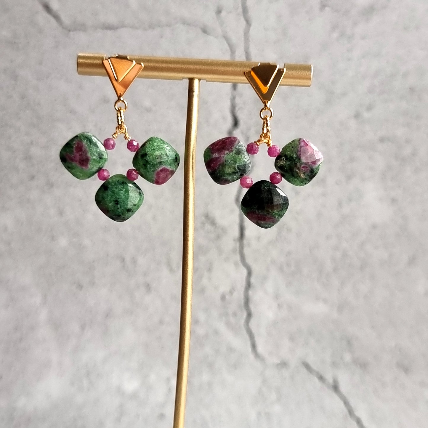 Ruby Zoisite cushions with Triangle Stud Gemstone Earrings