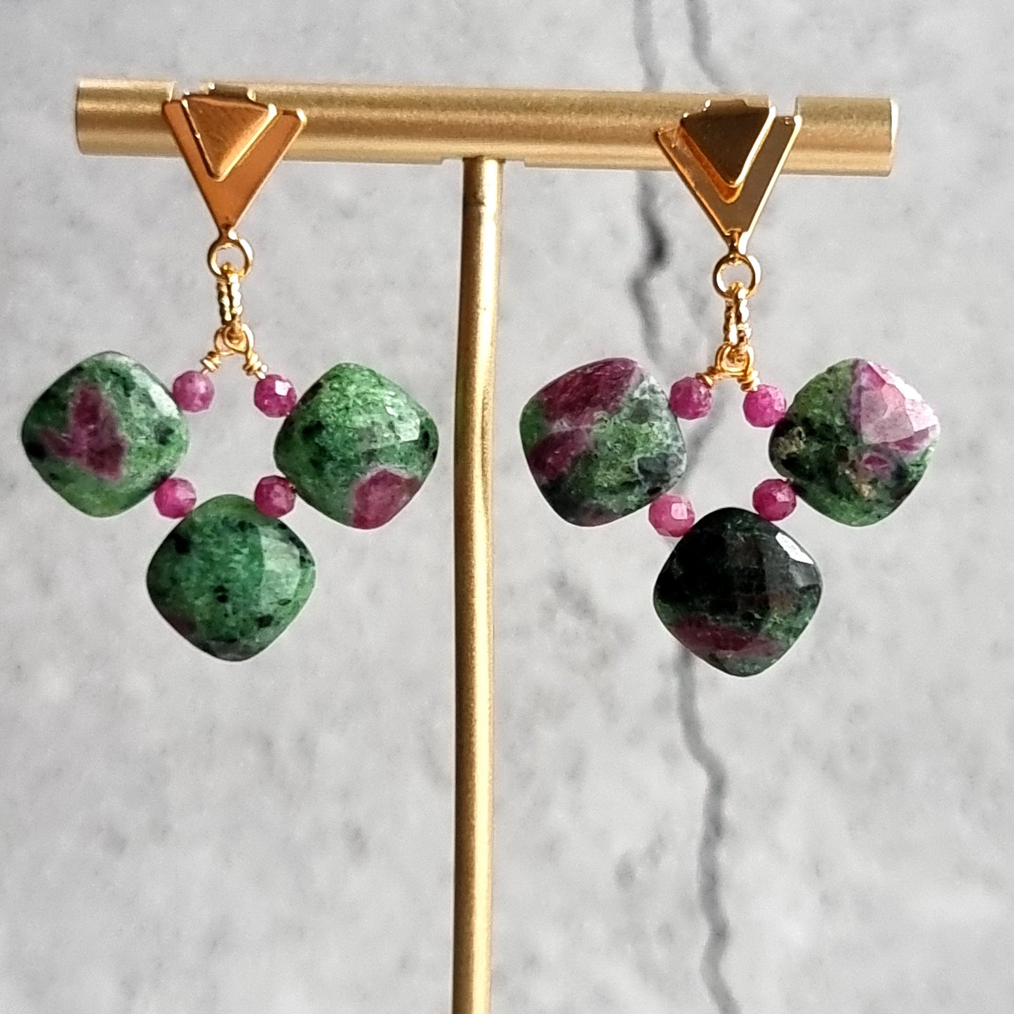 Ruby Zoisite cushions with Triangle Stud Gemstone Earrings