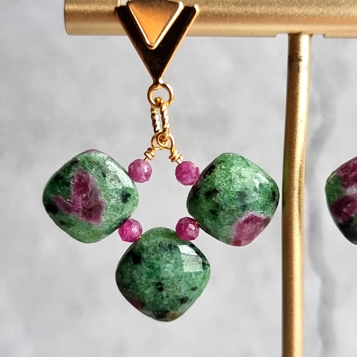 Ruby Zoisite cushions with Triangle Stud Gemstone Earrings