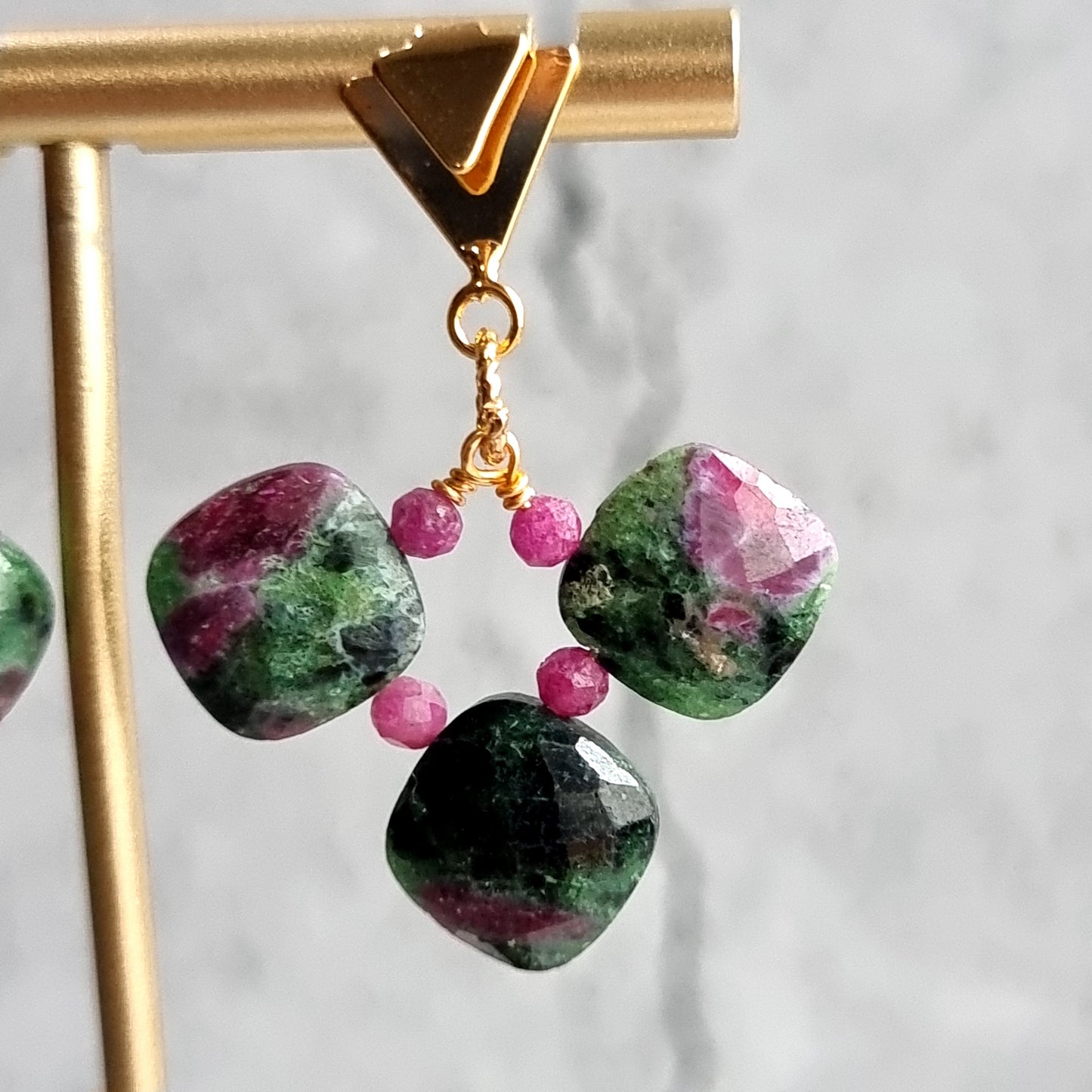 Ruby Zoisite cushions with Triangle Stud Gemstone Earrings