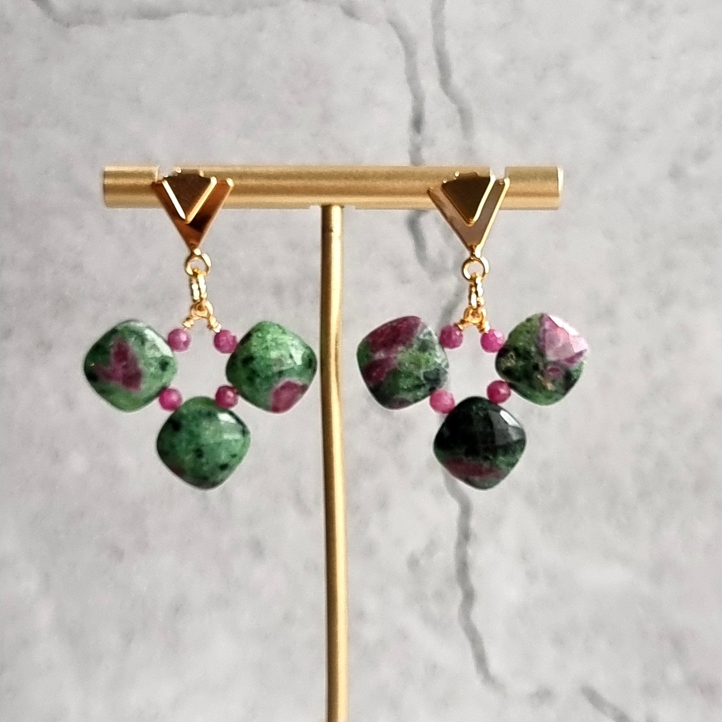Ruby Zoisite cushions with Triangle Stud Gemstone Earrings