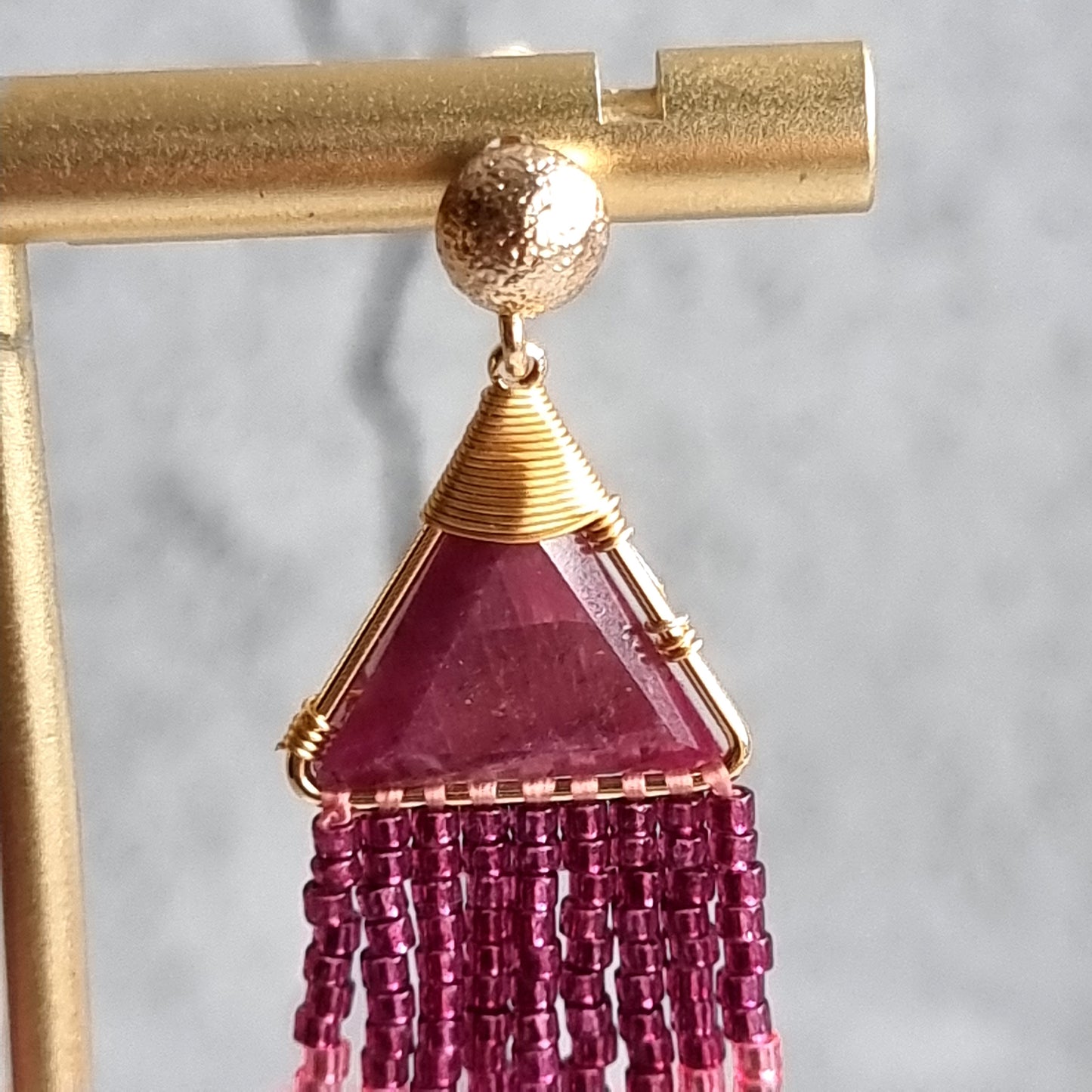 Mozambique Ruby Triangle Gemstone with Ombre Fringe Earrings