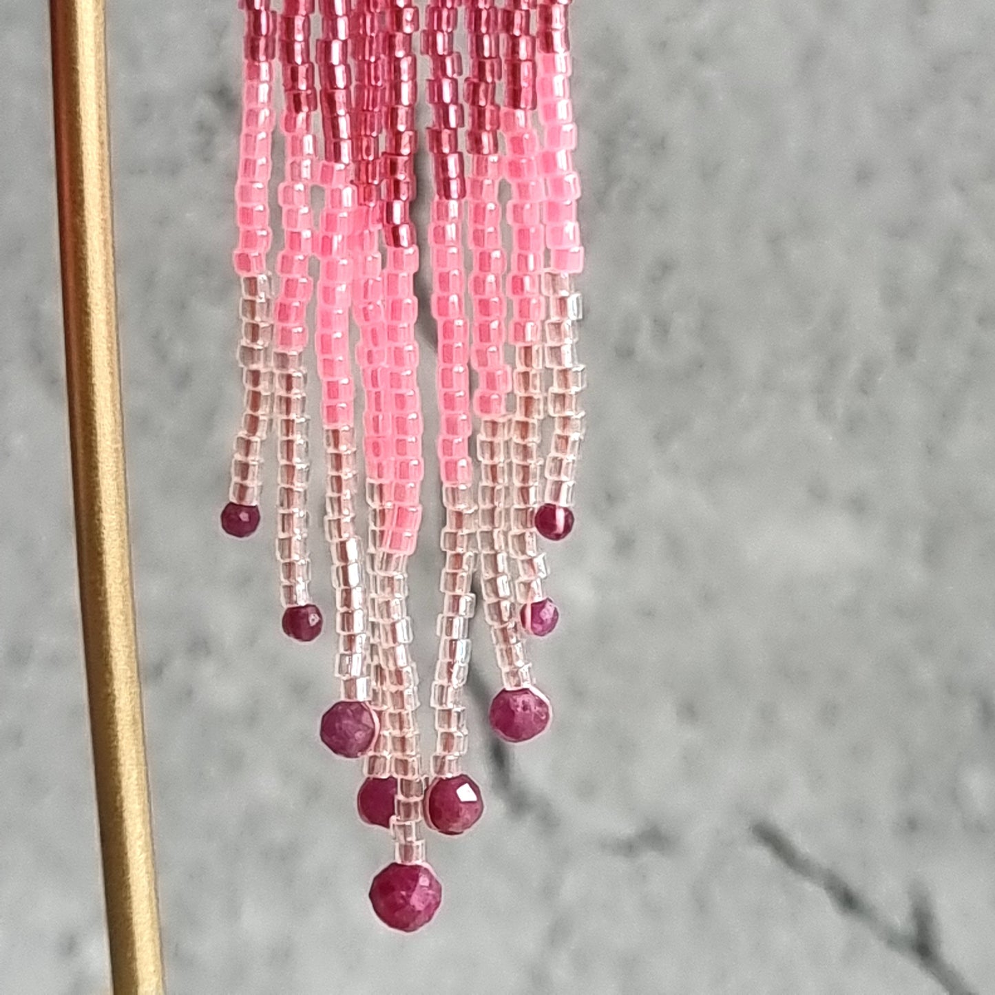 Mozambique Ruby Triangle Gemstone with Ombre Fringe Earrings