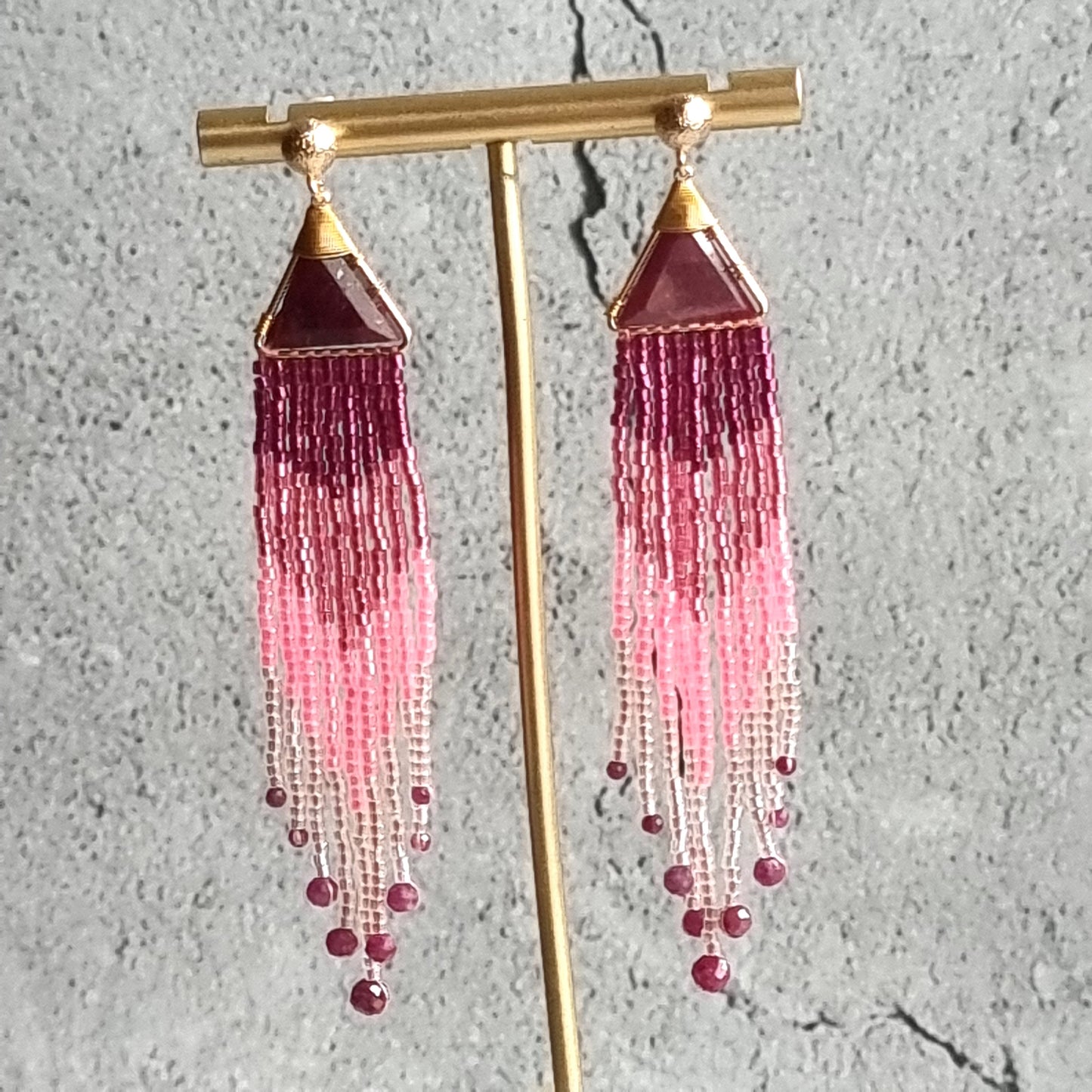 Mozambique Ruby Triangle Gemstone with Ombre Fringe Earrings