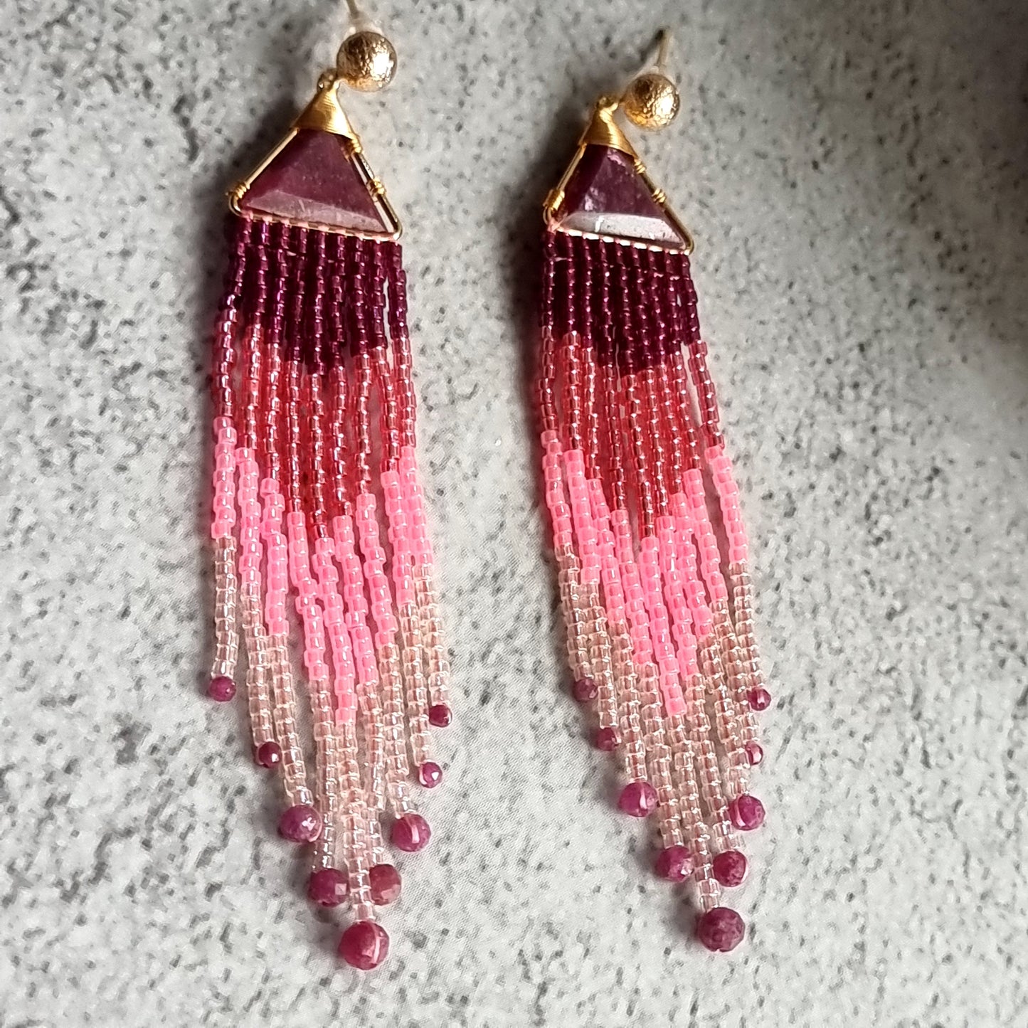 Mozambique Ruby Triangle Gemstone with Ombre Fringe Earrings