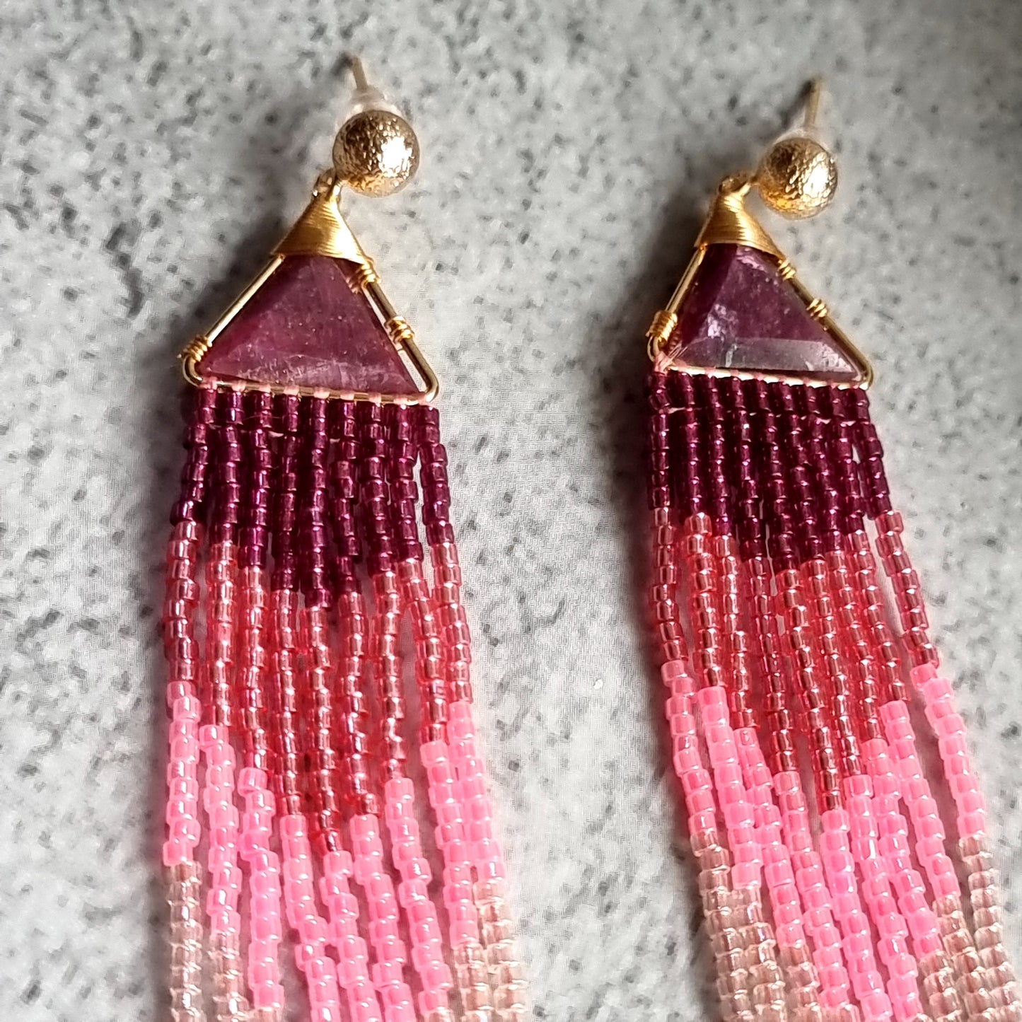 Mozambique Ruby Triangle Gemstone with Ombre Fringe Earrings