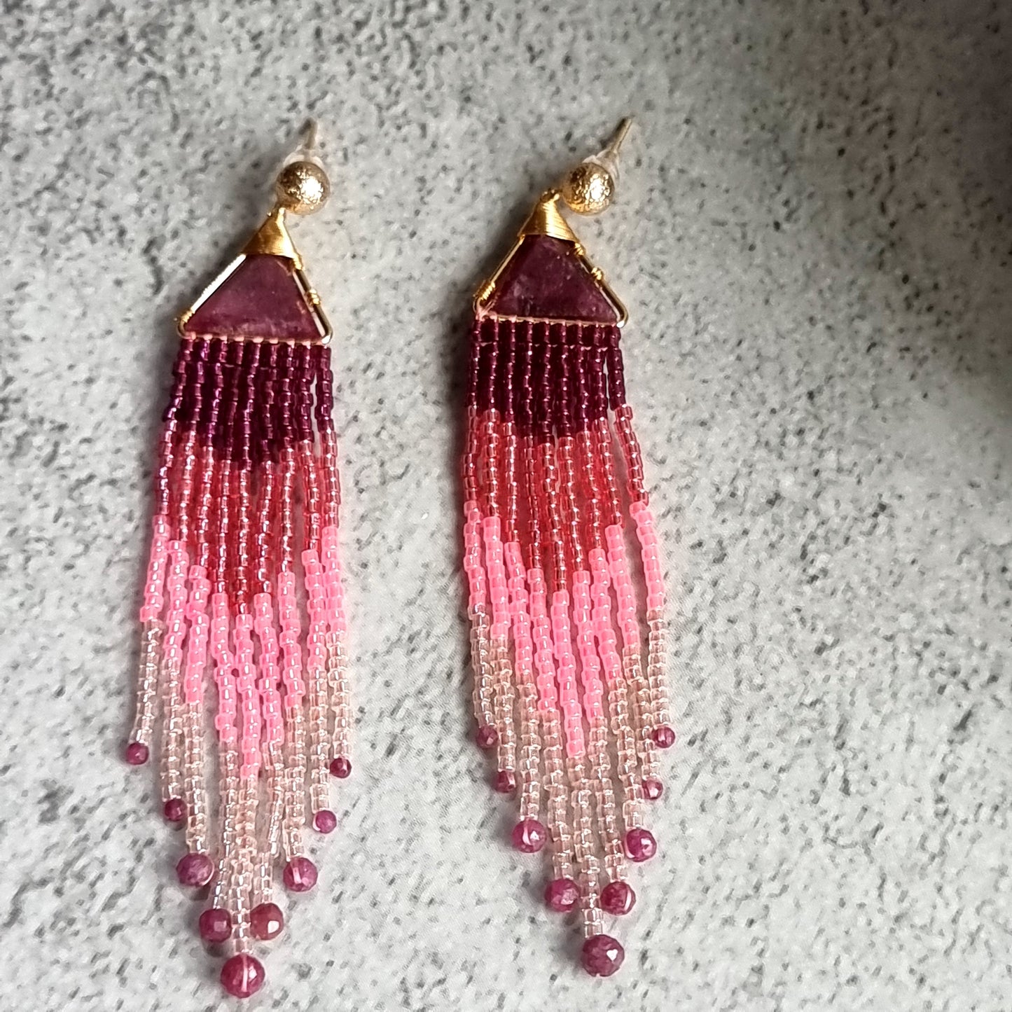 Mozambique Ruby Triangle Gemstone with Ombre Fringe Earrings