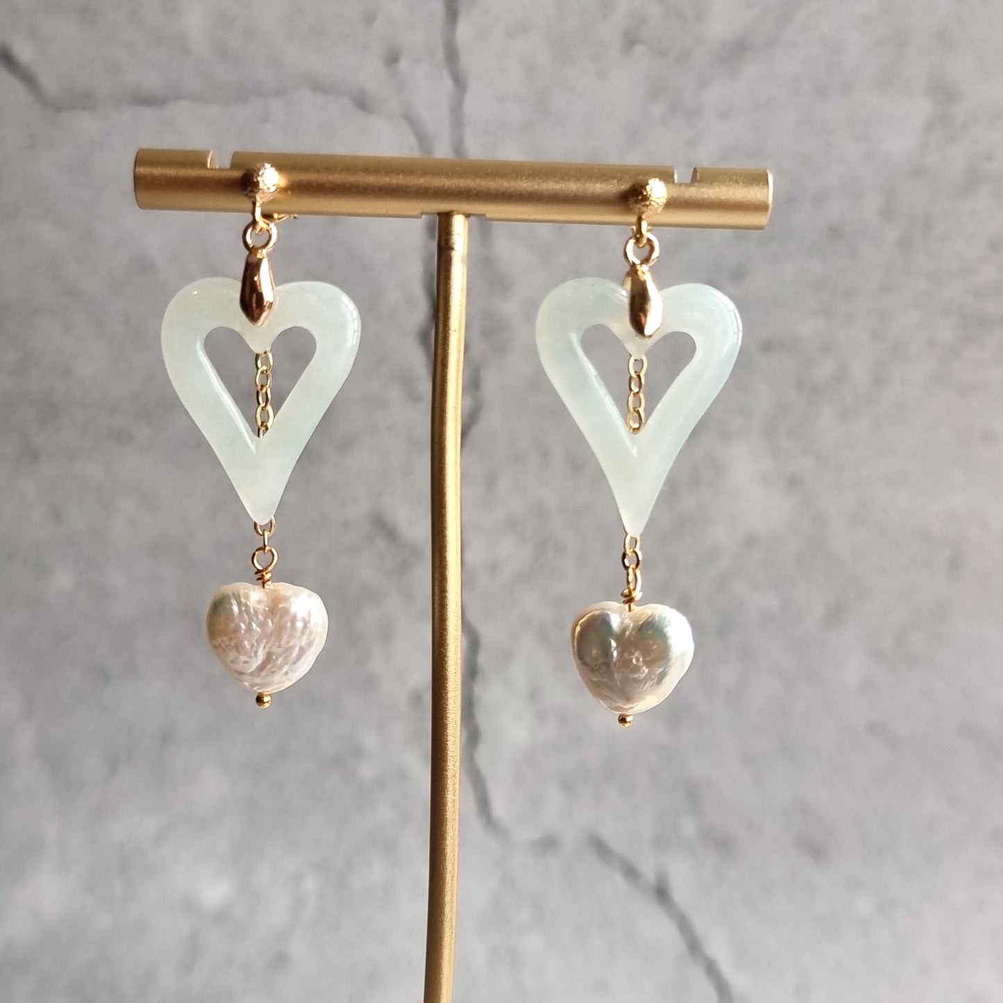 Heart Jade with Heart Fresh Water Pearl Gemstone Earrings