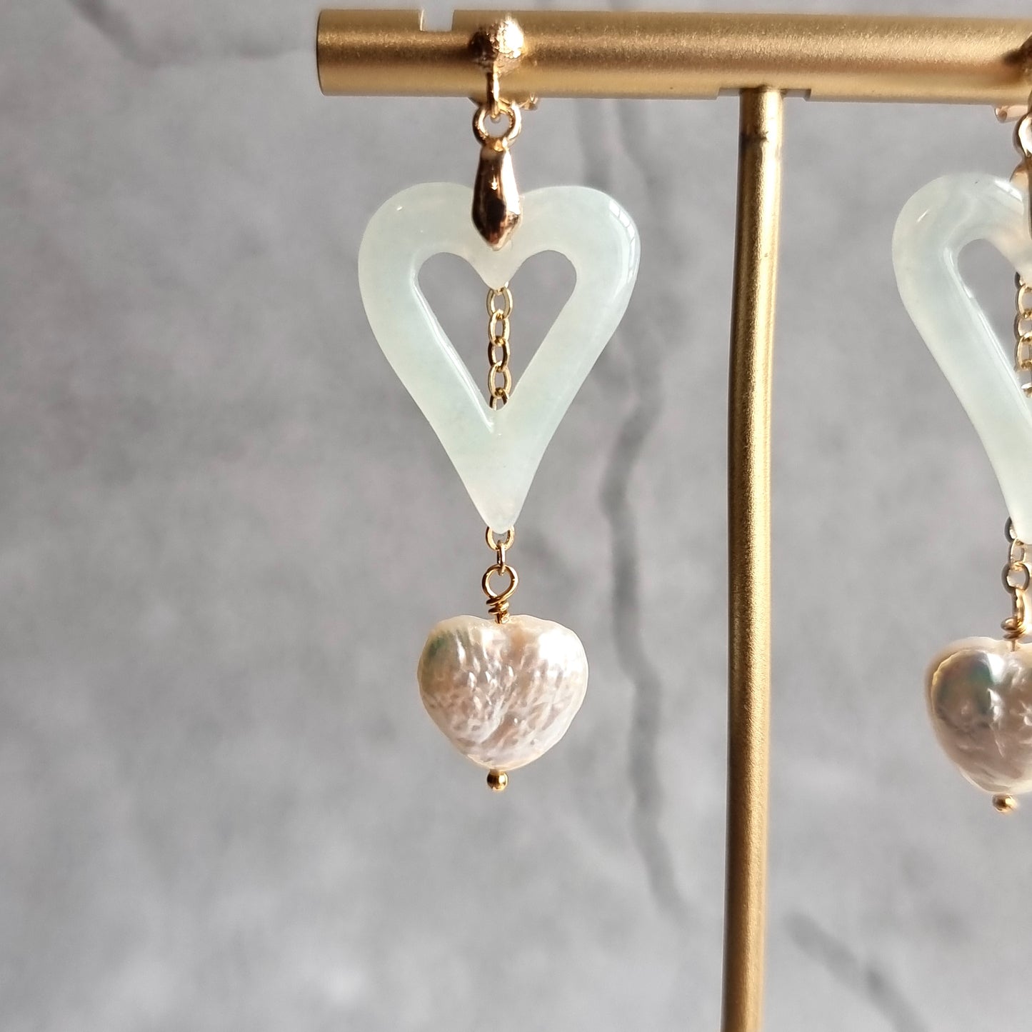 Heart Jade with Heart Fresh Water Pearl Gemstone Earrings