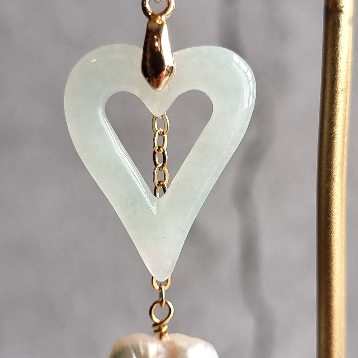 Heart Jade with Heart Fresh Water Pearl Gemstone Earrings