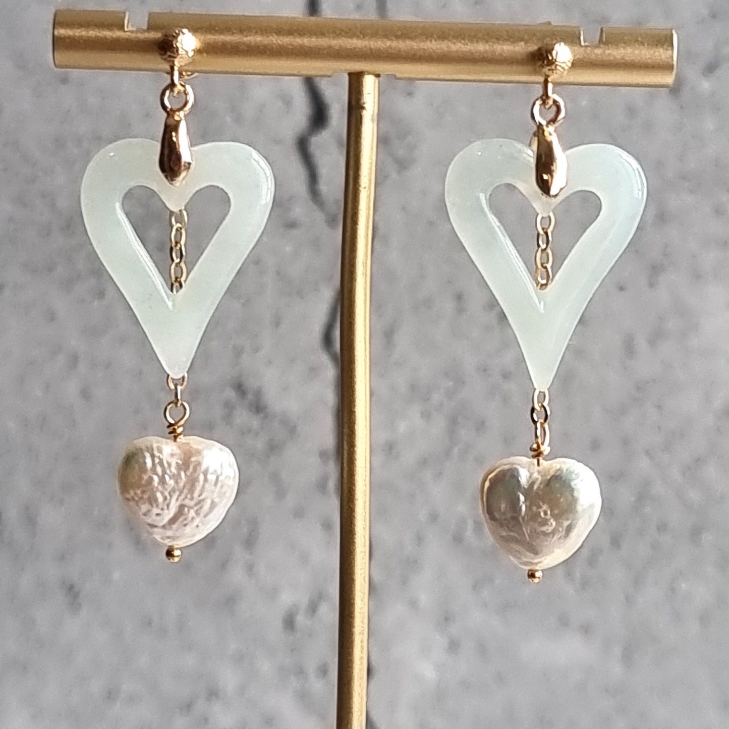 Heart Jade with Heart Fresh Water Pearl Gemstone Earrings