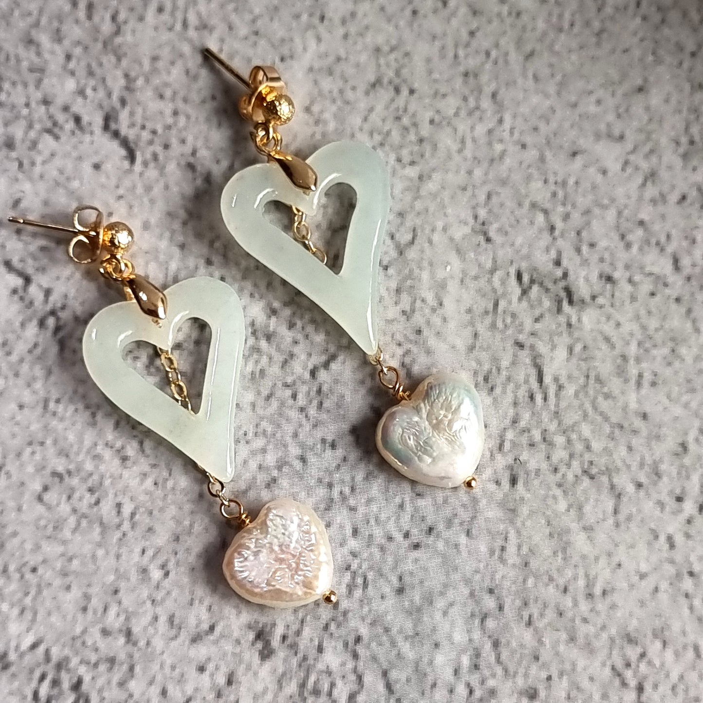 Heart Jade with Heart Fresh Water Pearl Gemstone Earrings