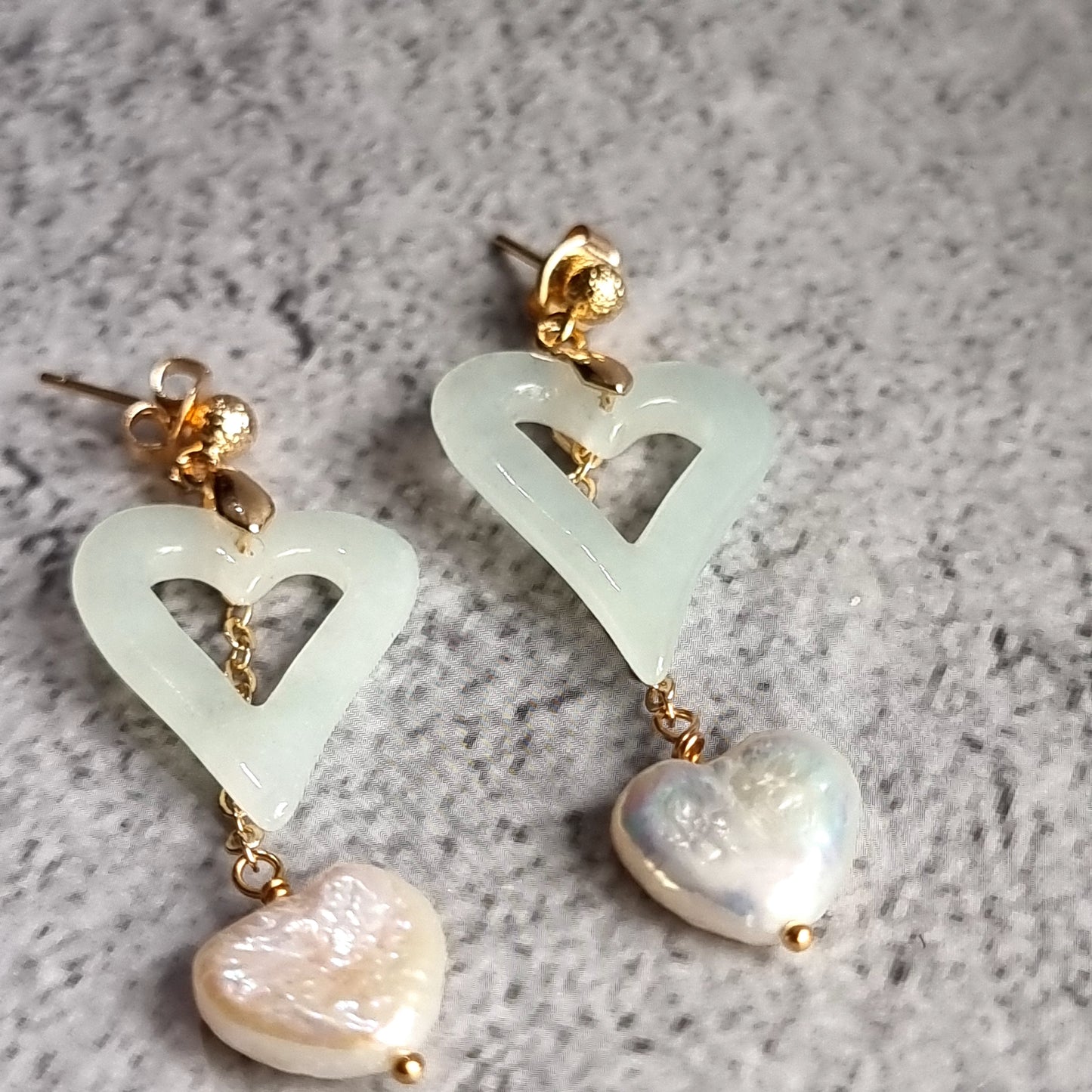 Heart Jade with Heart Fresh Water Pearl Gemstone Earrings