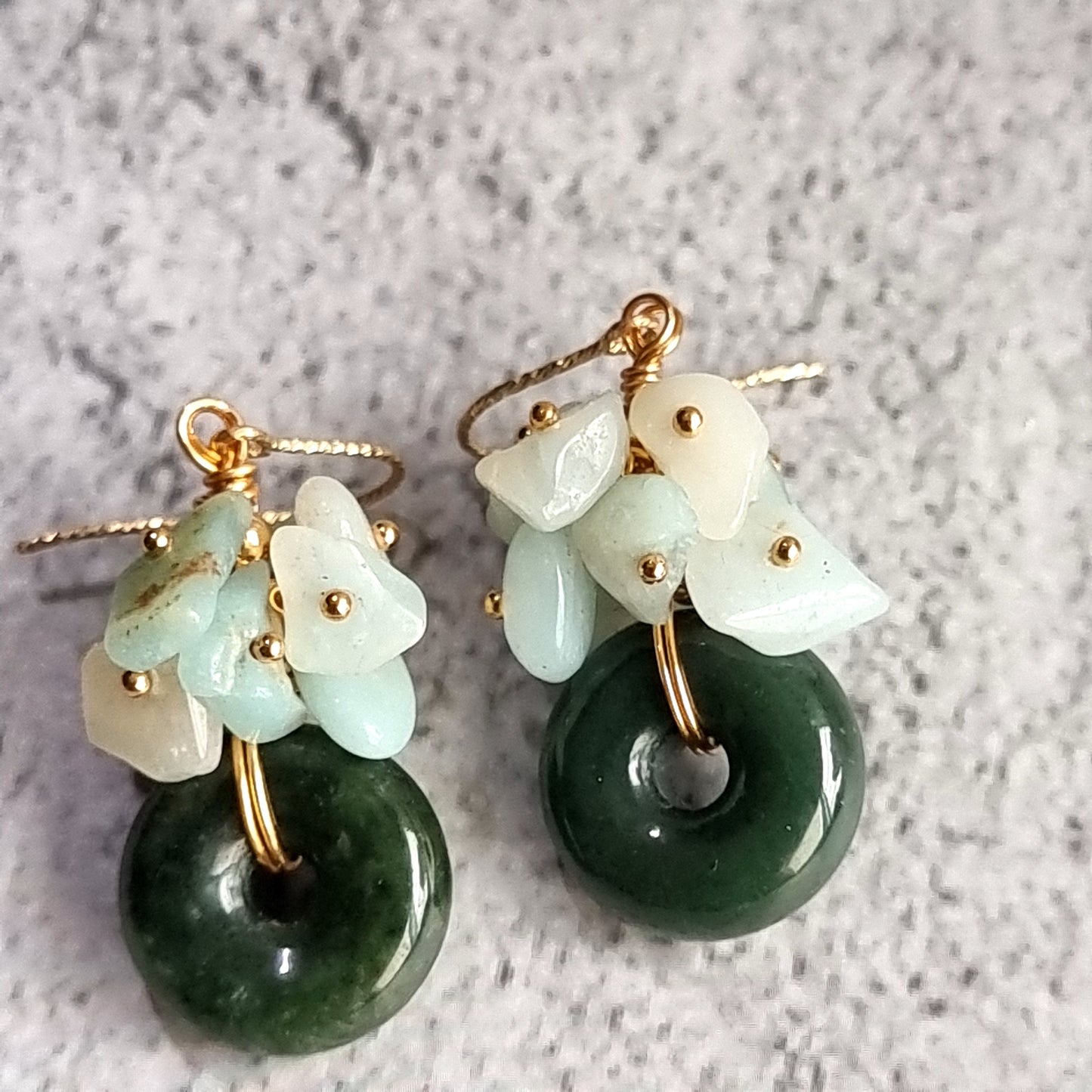 Donut Jade with cluster of Green Opal Gemstone Earrings