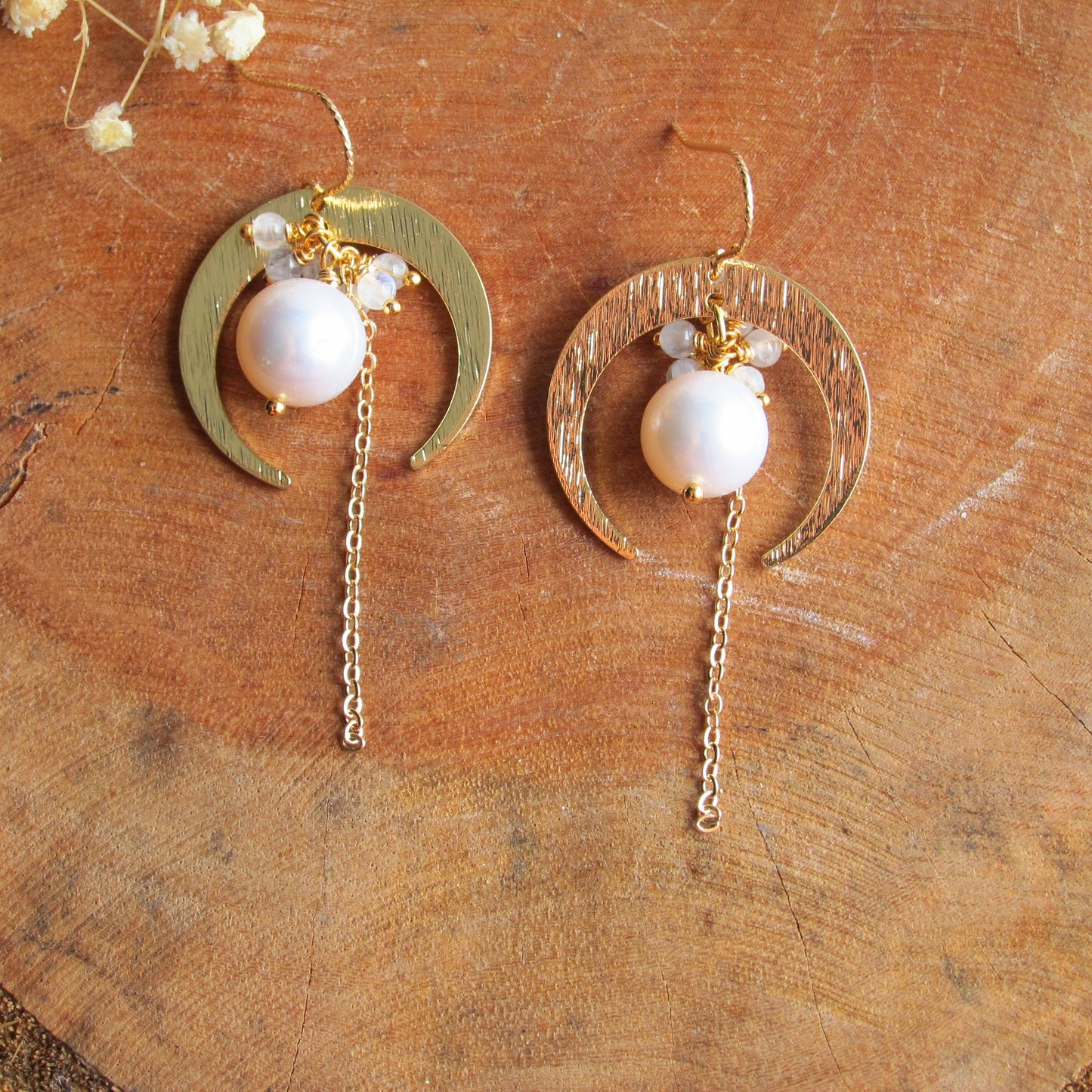 Half Moon with Fresh Water Pearl & Moonstone Gemstone Earrings