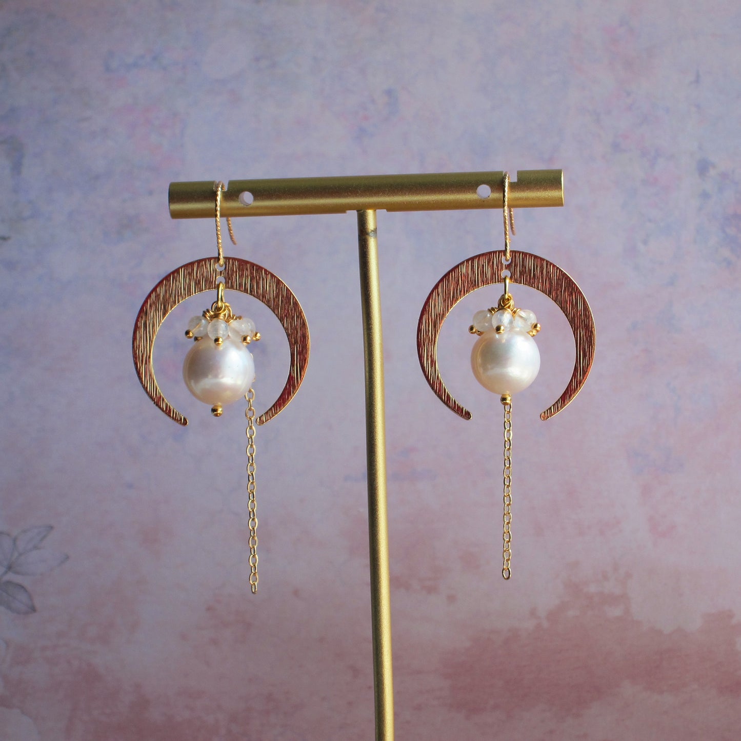Half Moon with Fresh Water Pearl & Moonstone Gemstone Earrings