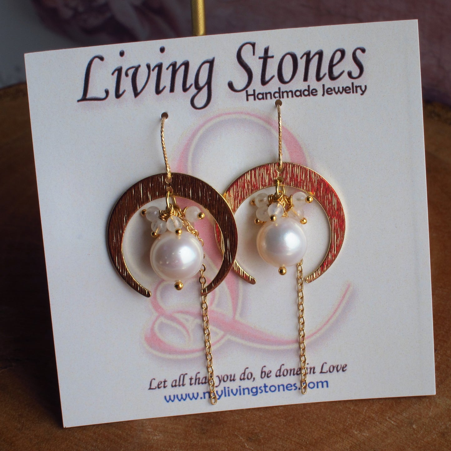 Half Moon with Fresh Water Pearl & Moonstone Gemstone Earrings