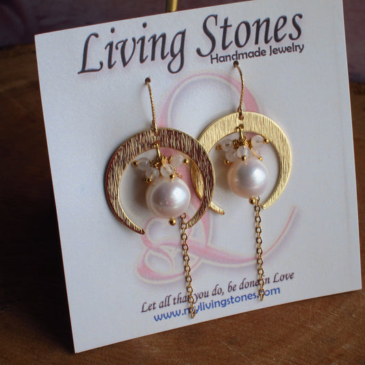 Half Moon with Fresh Water Pearl & Moonstone Gemstone Earrings