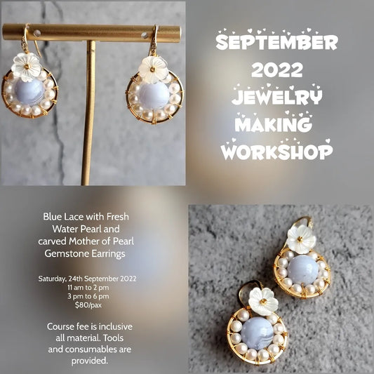 Blue Lace Agate with Fresh Water Pearl and carved mother of Pearl Earrings Woskhop