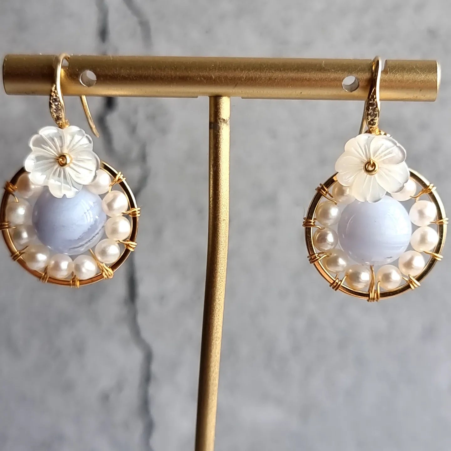 Blue Lace Agate with Fresh Water Pearl and carved mother of Pearl Earrings Woskhop