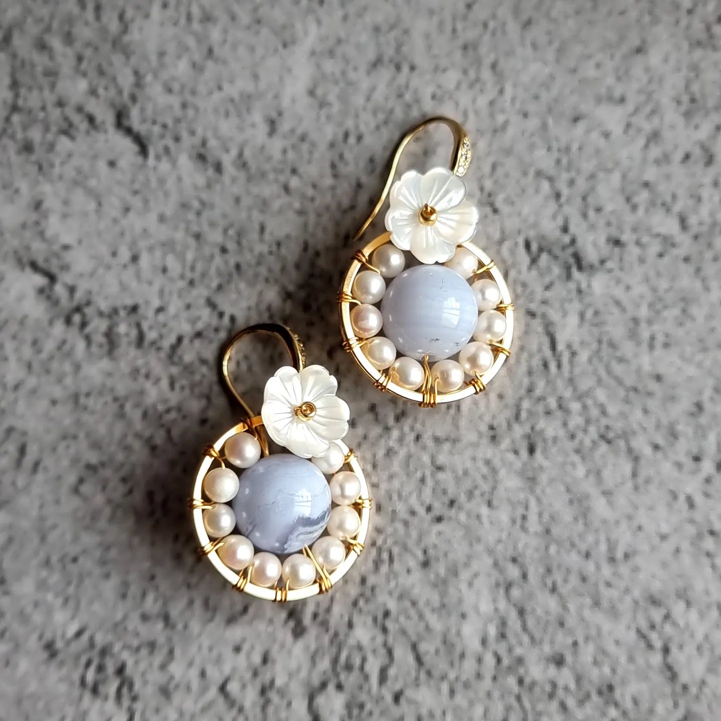 Blue Lace Agate with Fresh Water Pearl and carved mother of Pearl Earrings Woskhop