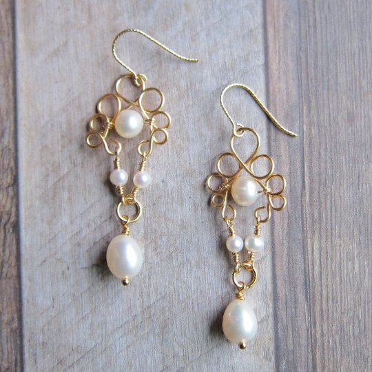 Filigree Style Fresh Water Pearl Earrings