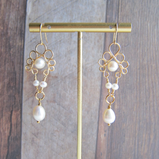 Filigree Style Fresh Water Pearl Earrings