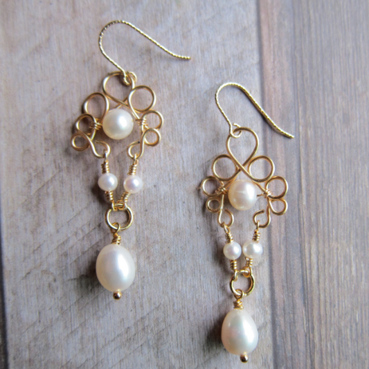 Filigree Style Fresh Water Pearl Earrings