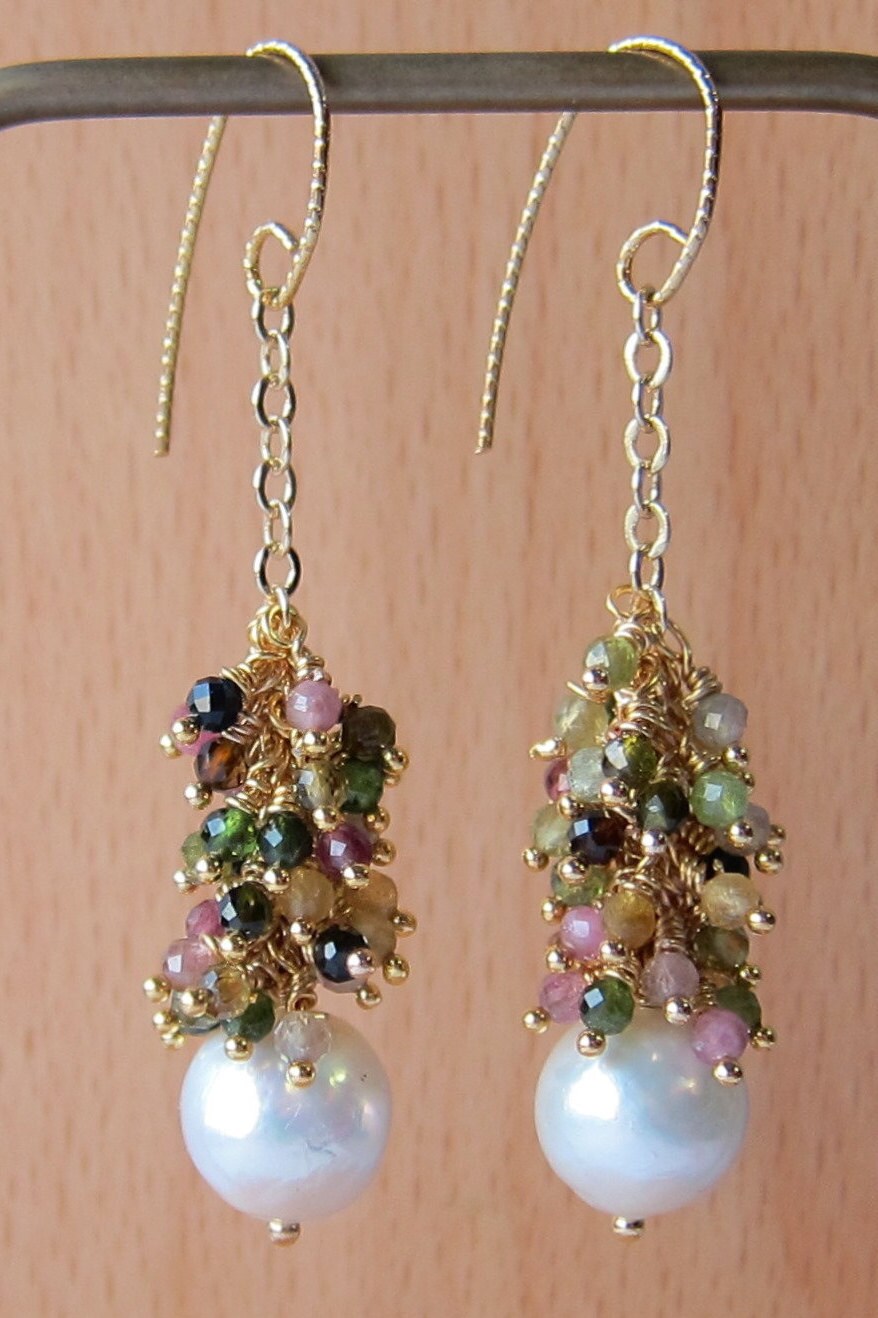 Edison Baroque Pearl with multi tourmaline cluster Earrings