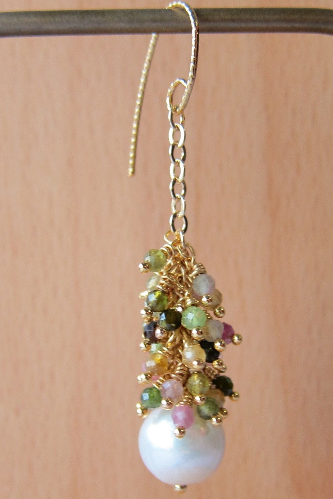 Edison Baroque Pearl with multi tourmaline cluster Earrings