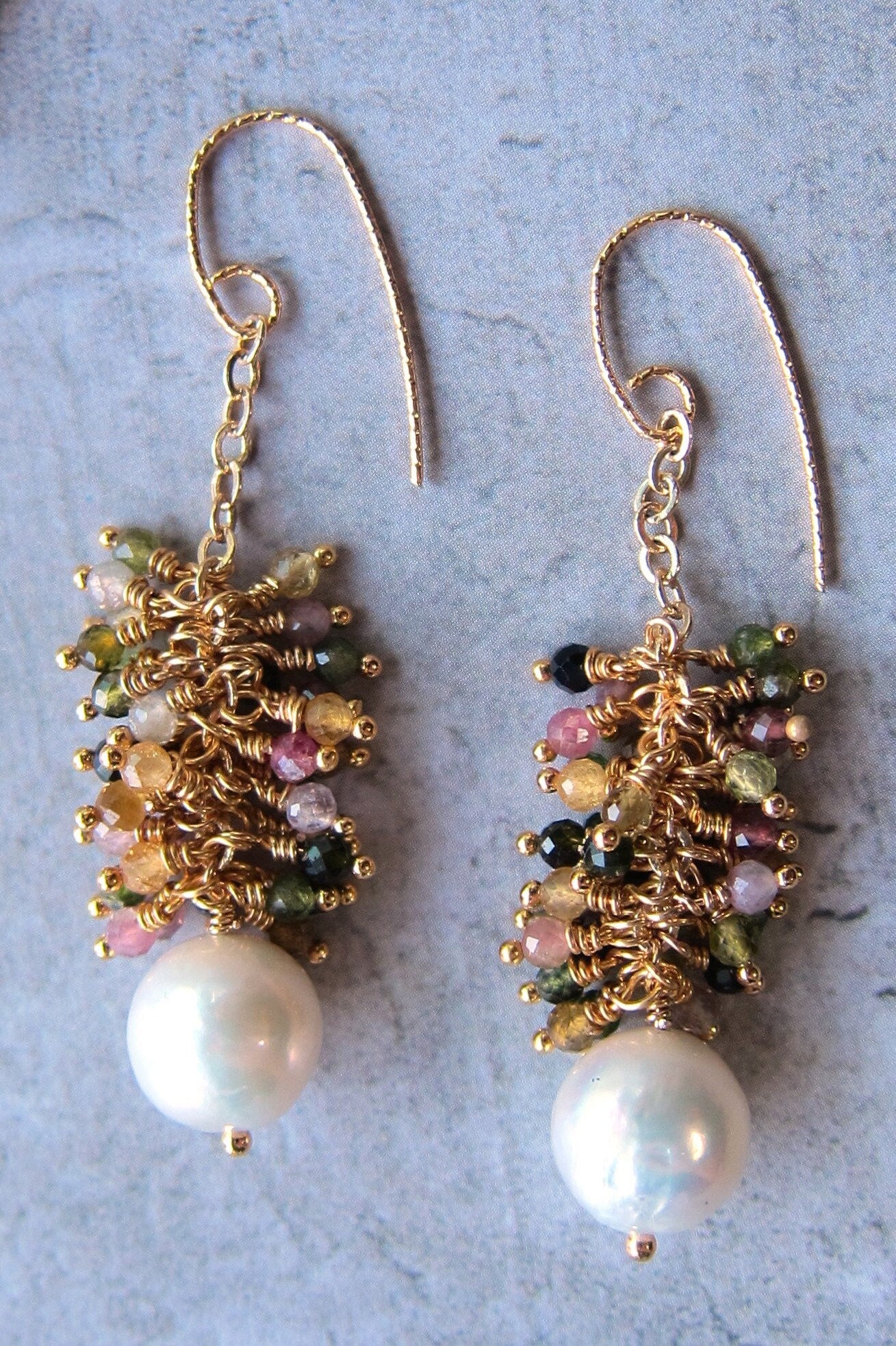 Edison Baroque Pearl with multi tourmaline cluster Earrings
