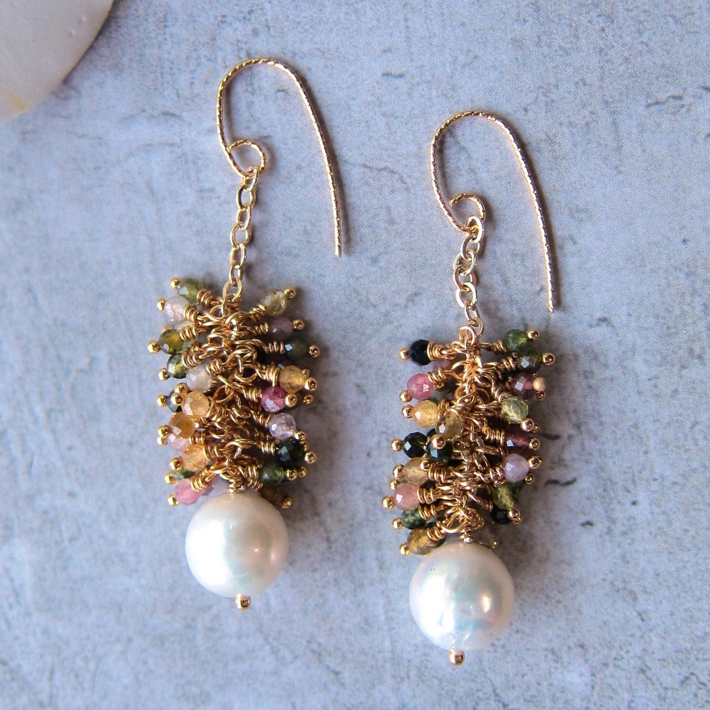 Edison Baroque Pearl with multi tourmaline cluster Earrings
