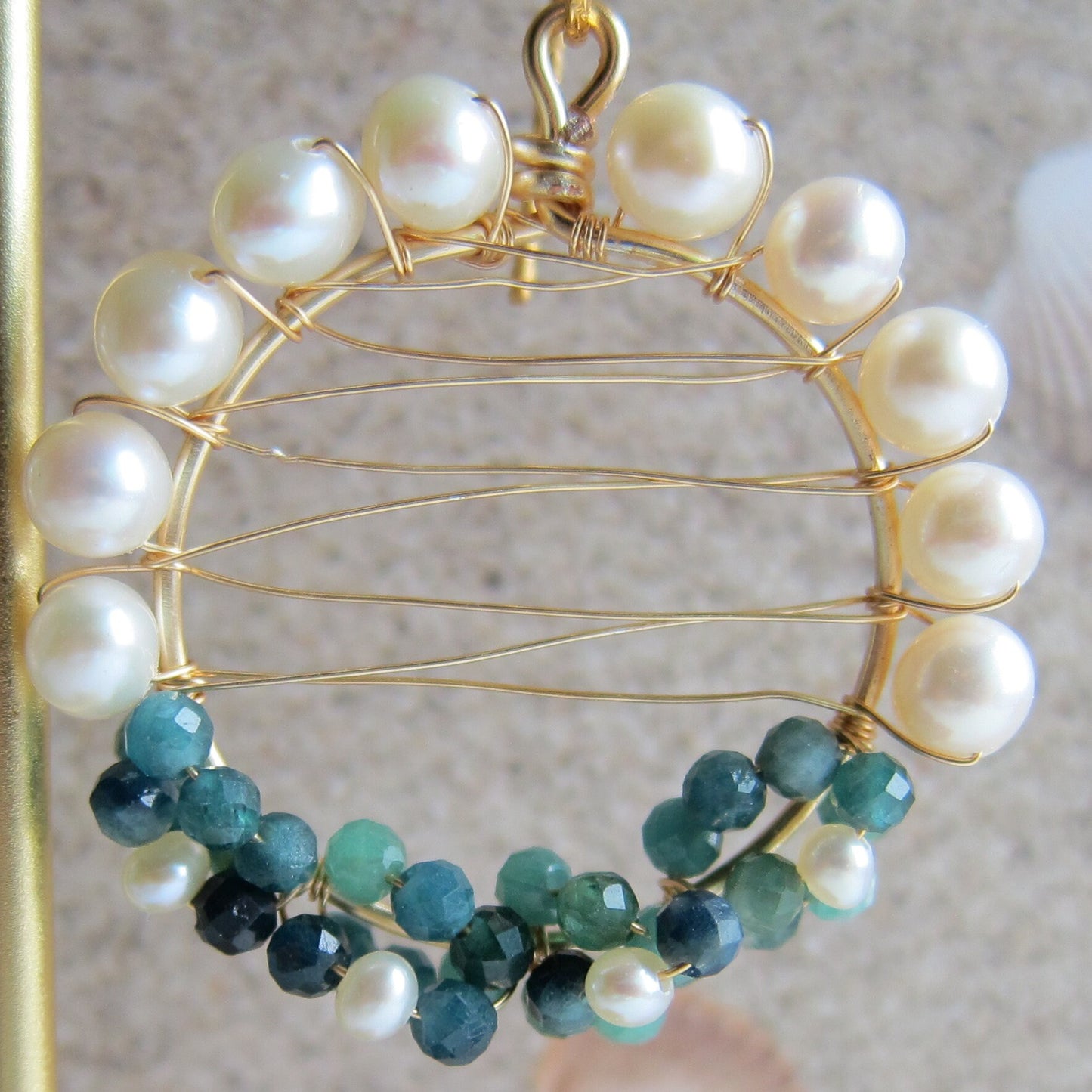 Blue Tourmaline Cluster Fresh Water Pearl Hoop Earrings