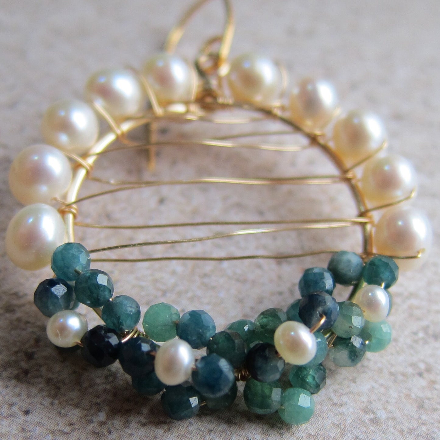 Blue Tourmaline Cluster Fresh Water Pearl Hoop Earrings