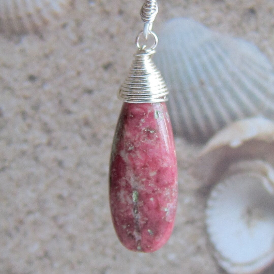 Thulite with pink opal vine earrings
