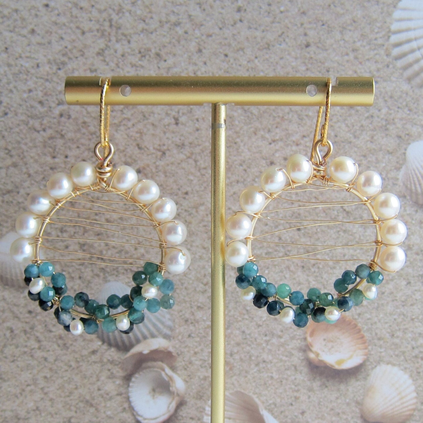 Blue Tourmaline Cluster Fresh Water Pearl Hoop Earrings
