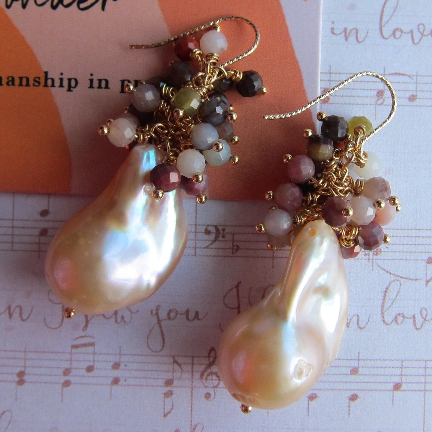 Baroque Pearl with Multi Shaded Aqate Cluster Earrings