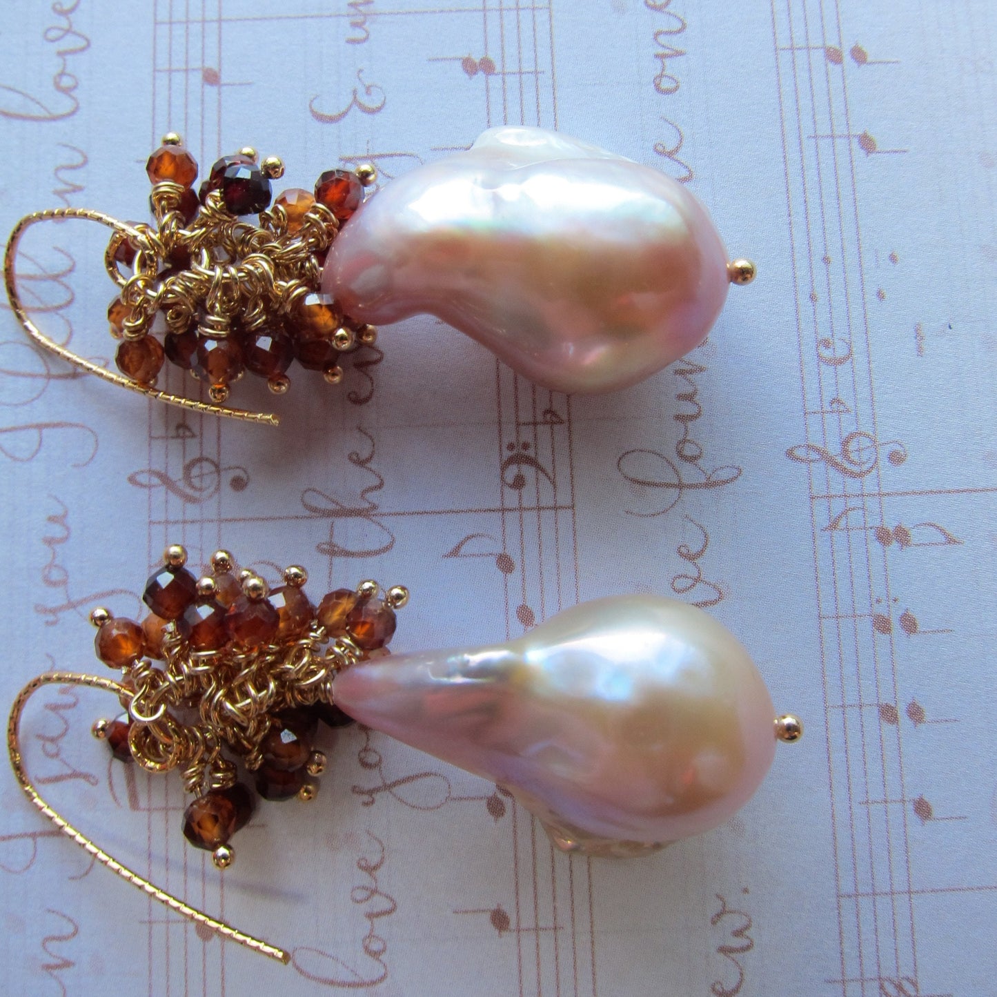 Baroque Pearl with Orange Garnet Cluster Earrings