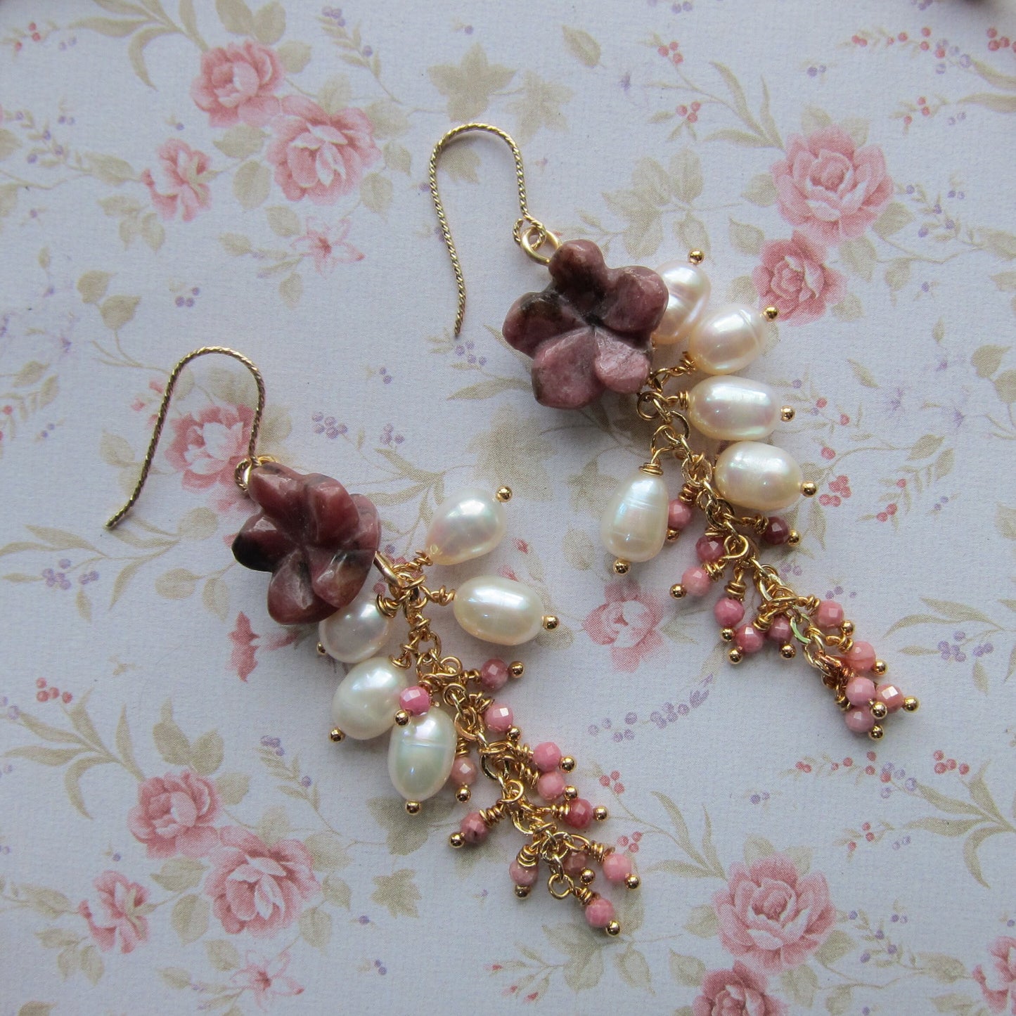 Rhodonite & Fresh Water Pearl Earrings