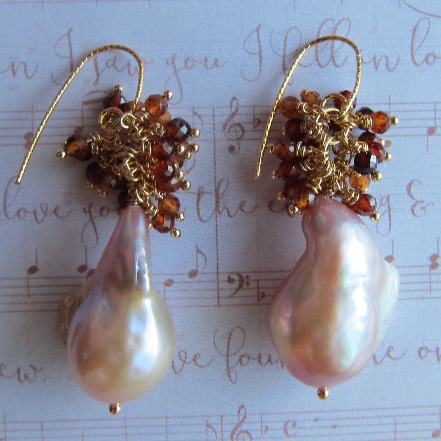 Baroque Pearl with Orange Garnet Cluster Earrings
