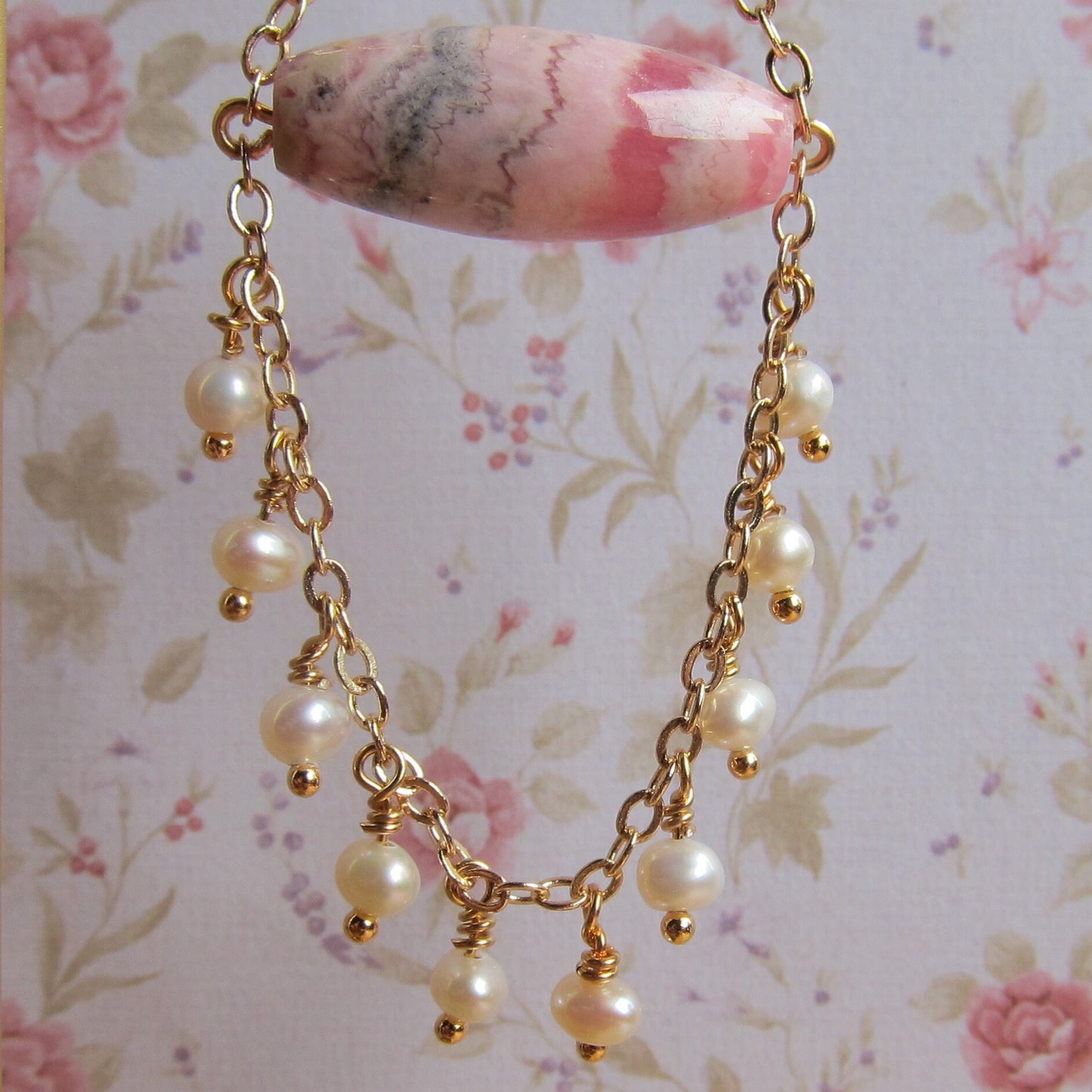 Rhodochrosite with fresh water pearl gemstone chandelier earrings