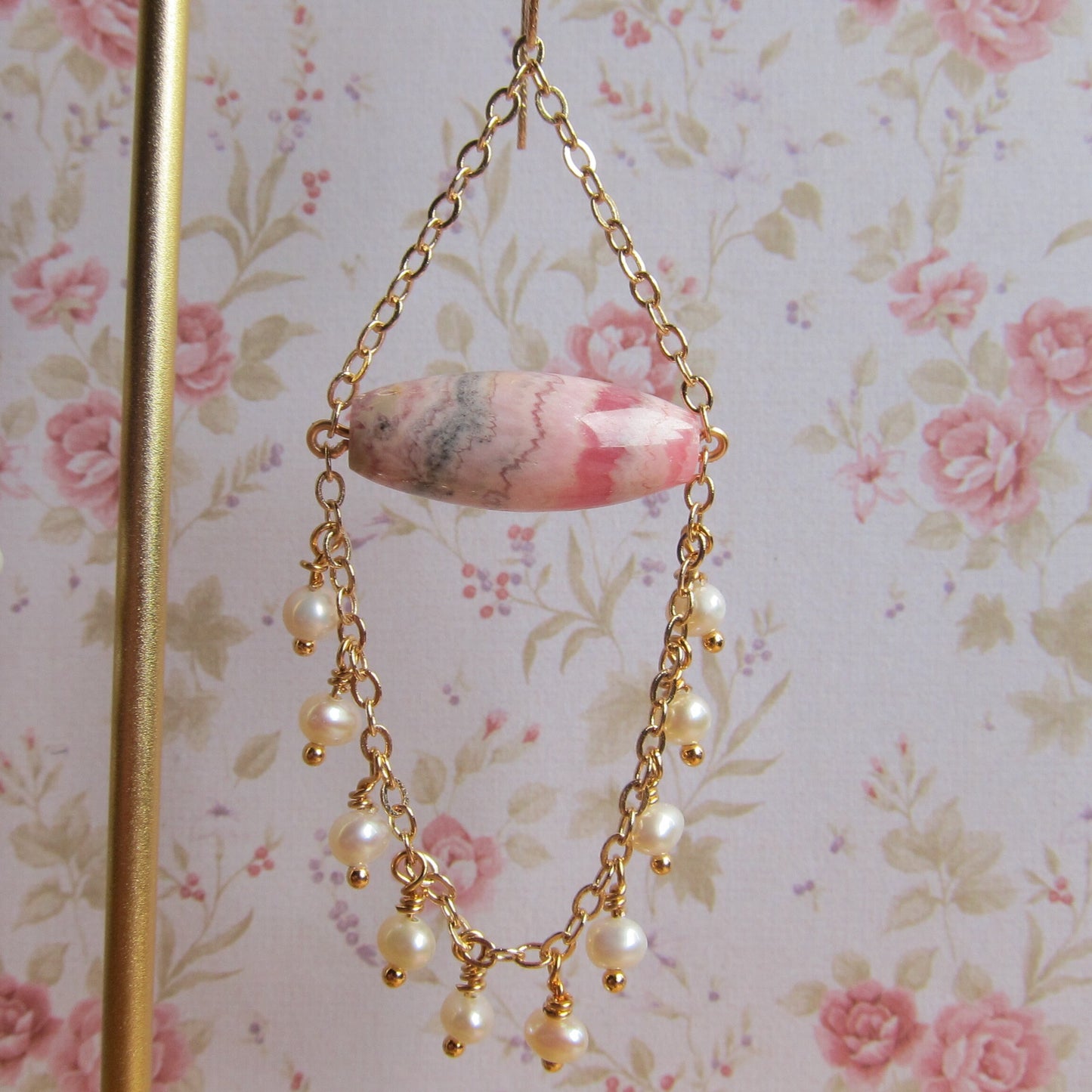 Rhodochrosite with fresh water pearl gemstone chandelier earrings