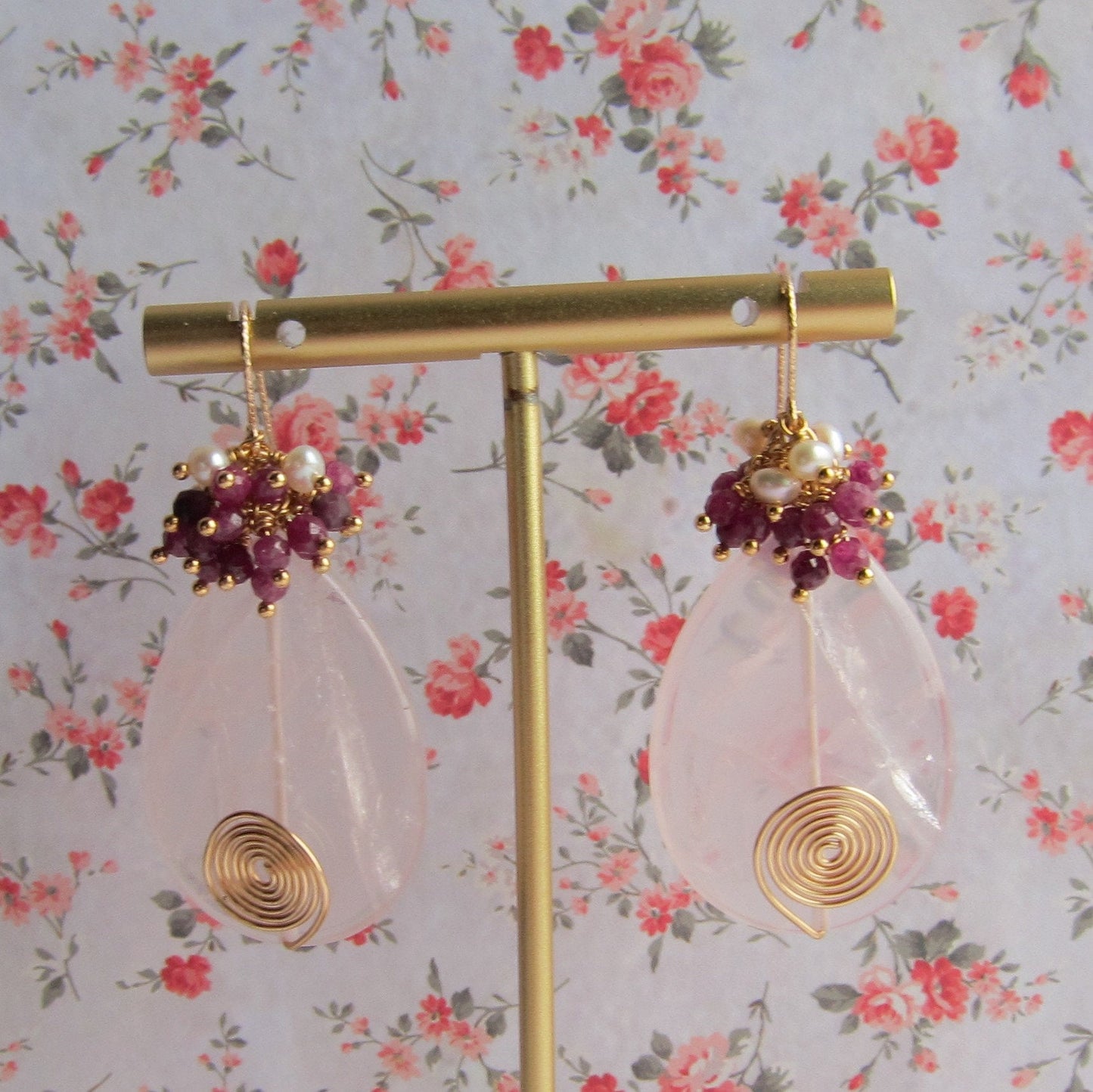 Large Rose Quartz Drop with Ruby & Fresh Water Pearl Cluster Gemstone Earrings