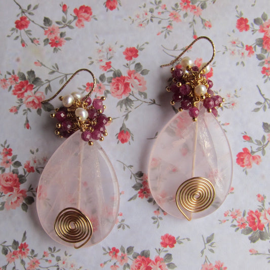 Large Rose Quartz Drop with Ruby & Fresh Water Pearl Cluster Gemstone Earrings