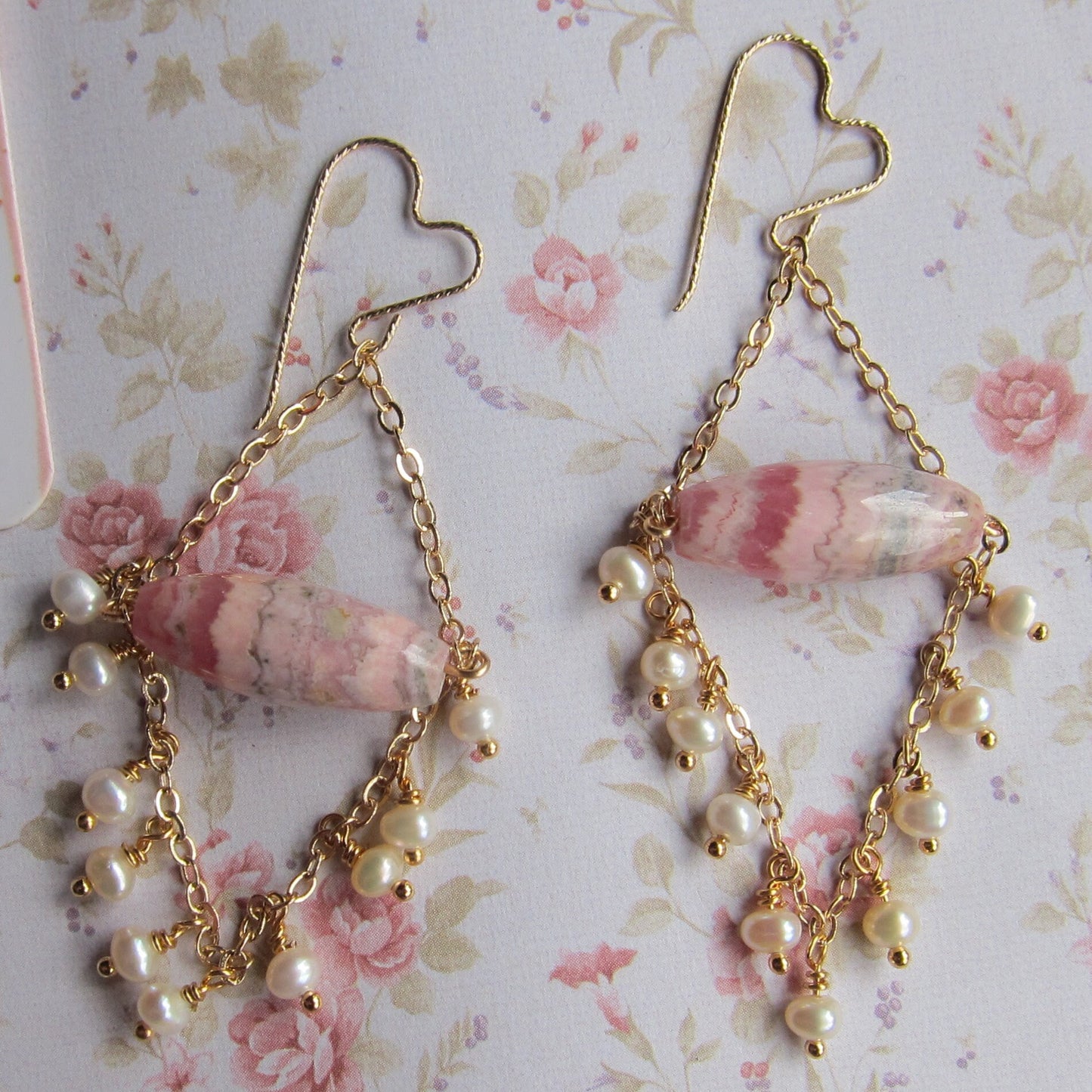 Rhodochrosite with fresh water pearl gemstone chandelier earrings