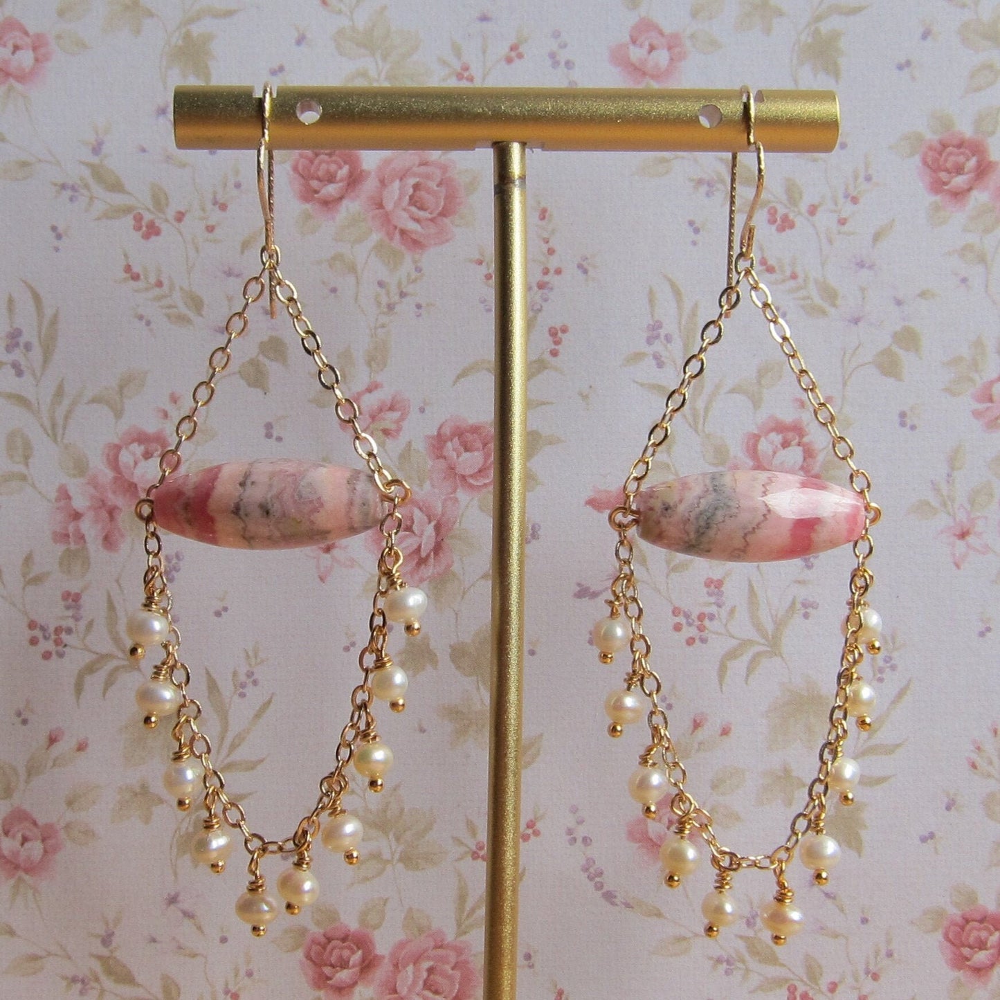 Rhodochrosite with fresh water pearl gemstone chandelier earrings