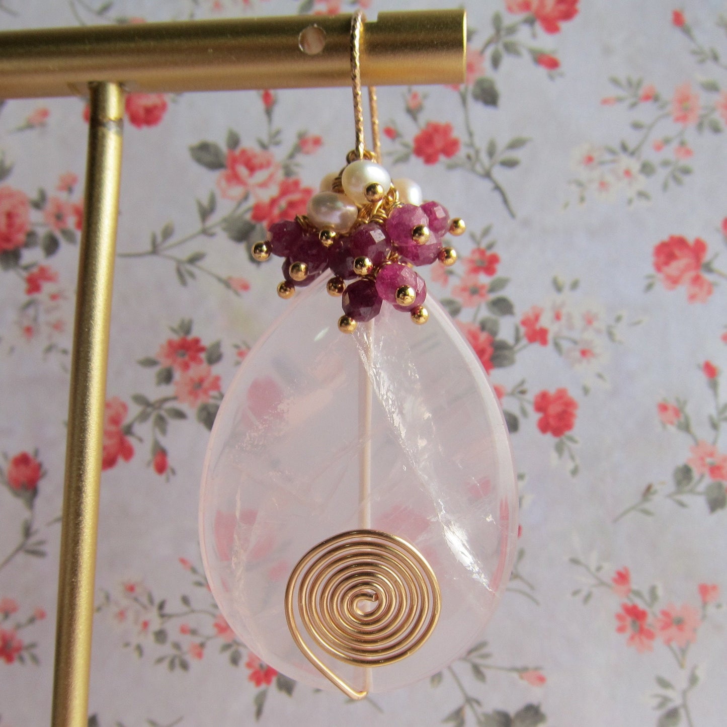Large Rose Quartz Drop with Ruby & Fresh Water Pearl Cluster Gemstone Earrings